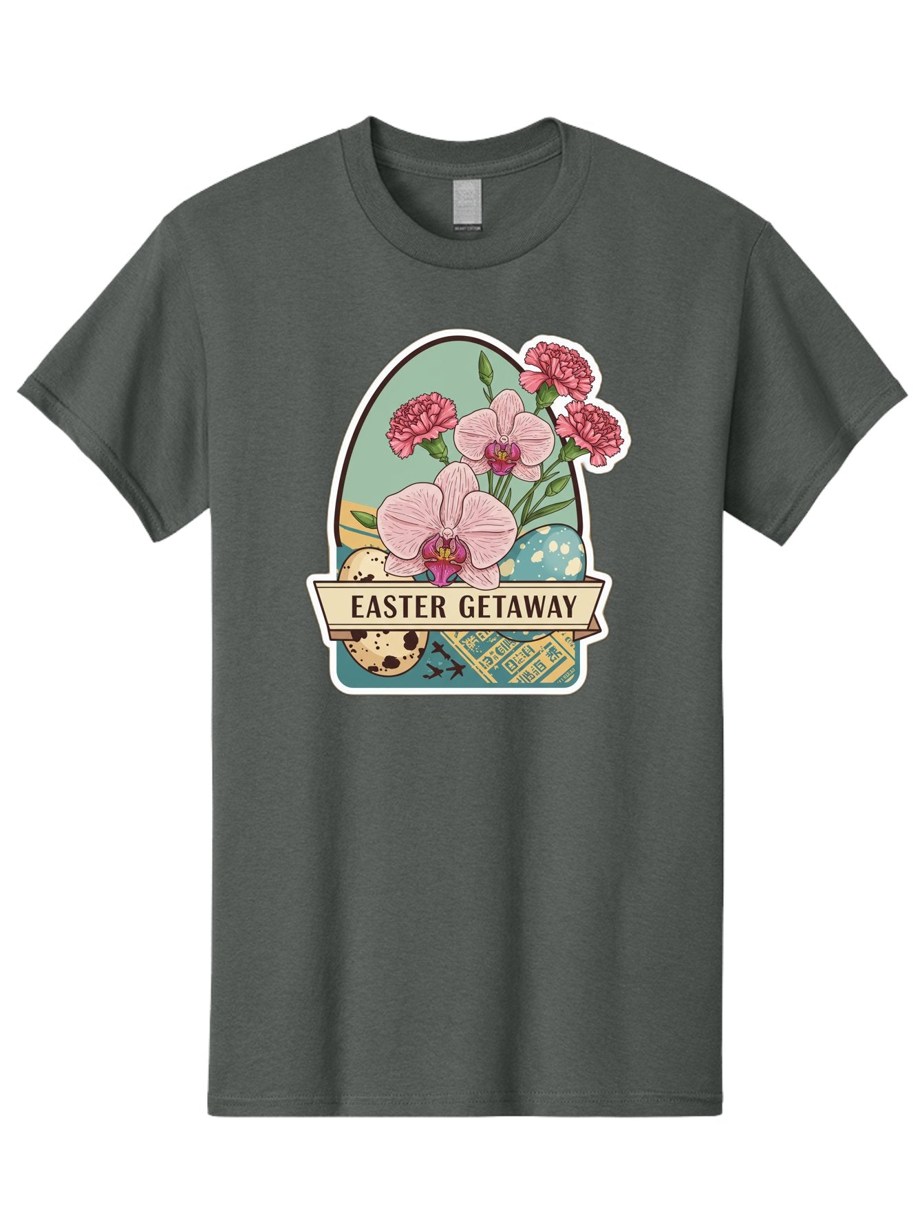 Easter-Getaway Men'S Graphic Tee, 100% Cotton, Comfortable Casual Summer Wear, Machine Washable, Easter Getaway, Easter Egg, Pink Orchids, Carnations, Eggs, Birds, Decorative Egg, Easter Flowers, Spring Flowers, Pastel Colors, Baa628 9