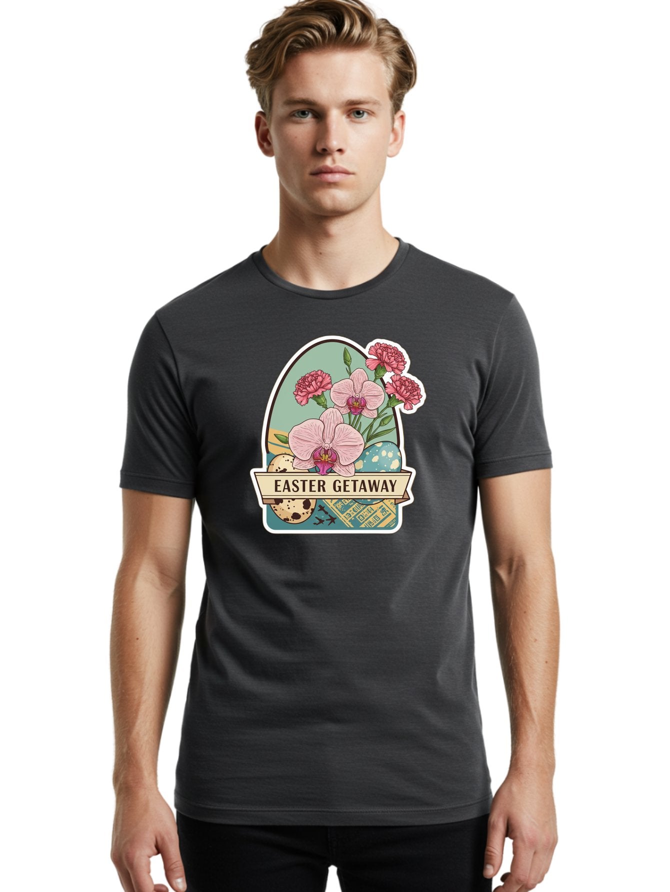 Easter-Getaway Men'S Graphic Tee, 100% Cotton, Comfortable Casual Summer Wear, Machine Washable, Easter Getaway, Easter Egg, Pink Orchids, Carnations, Eggs, Birds, Decorative Egg, Easter Flowers, Spring Flowers, Pastel Colors, Baa628 17