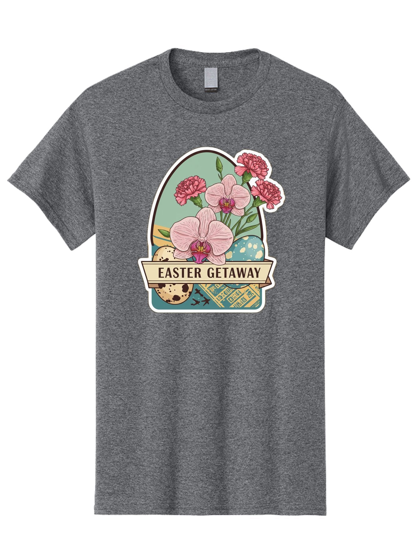 Easter-Getaway Men'S Graphic Tee, 100% Cotton, Comfortable Casual Summer Wear, Machine Washable, Easter Getaway, Easter Egg, Pink Orchids, Carnations, Eggs, Birds, Decorative Egg, Easter Flowers, Spring Flowers, Pastel Colors, Baa628 14