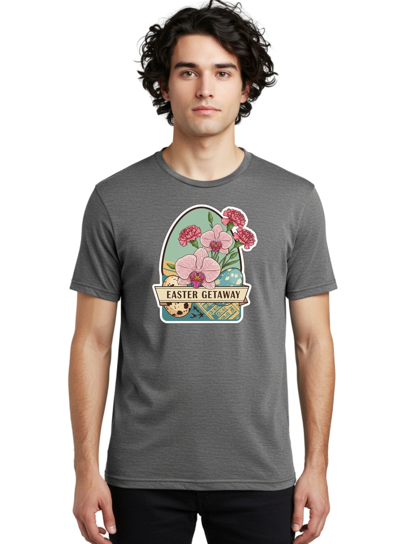 Easter-Getaway Men'S Graphic Tee, 100% Cotton, Comfortable Casual Summer Wear, Machine Washable, Easter Getaway, Easter Egg, Pink Orchids, Carnations, Eggs, Birds, Decorative Egg, Easter Flowers, Spring Flowers, Pastel Colors, Baa628 29