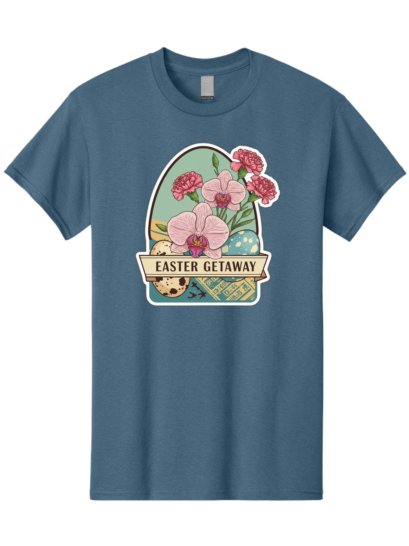 Easter-Getaway Men'S Graphic Tee, 100% Cotton, Comfortable Casual Summer Wear, Machine Washable, Easter Getaway, Easter Egg, Pink Orchids, Carnations, Eggs, Birds, Decorative Egg, Easter Flowers, Spring Flowers, Pastel Colors, Baa628