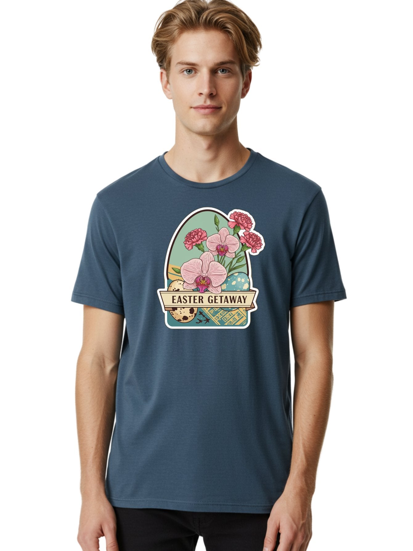 Easter-Getaway Men'S Graphic Tee, 100% Cotton, Comfortable Casual Summer Wear, Machine Washable, Easter Getaway, Easter Egg, Pink Orchids, Carnations, Eggs, Birds, Decorative Egg, Easter Flowers, Spring Flowers, Pastel Colors, Baa628 19