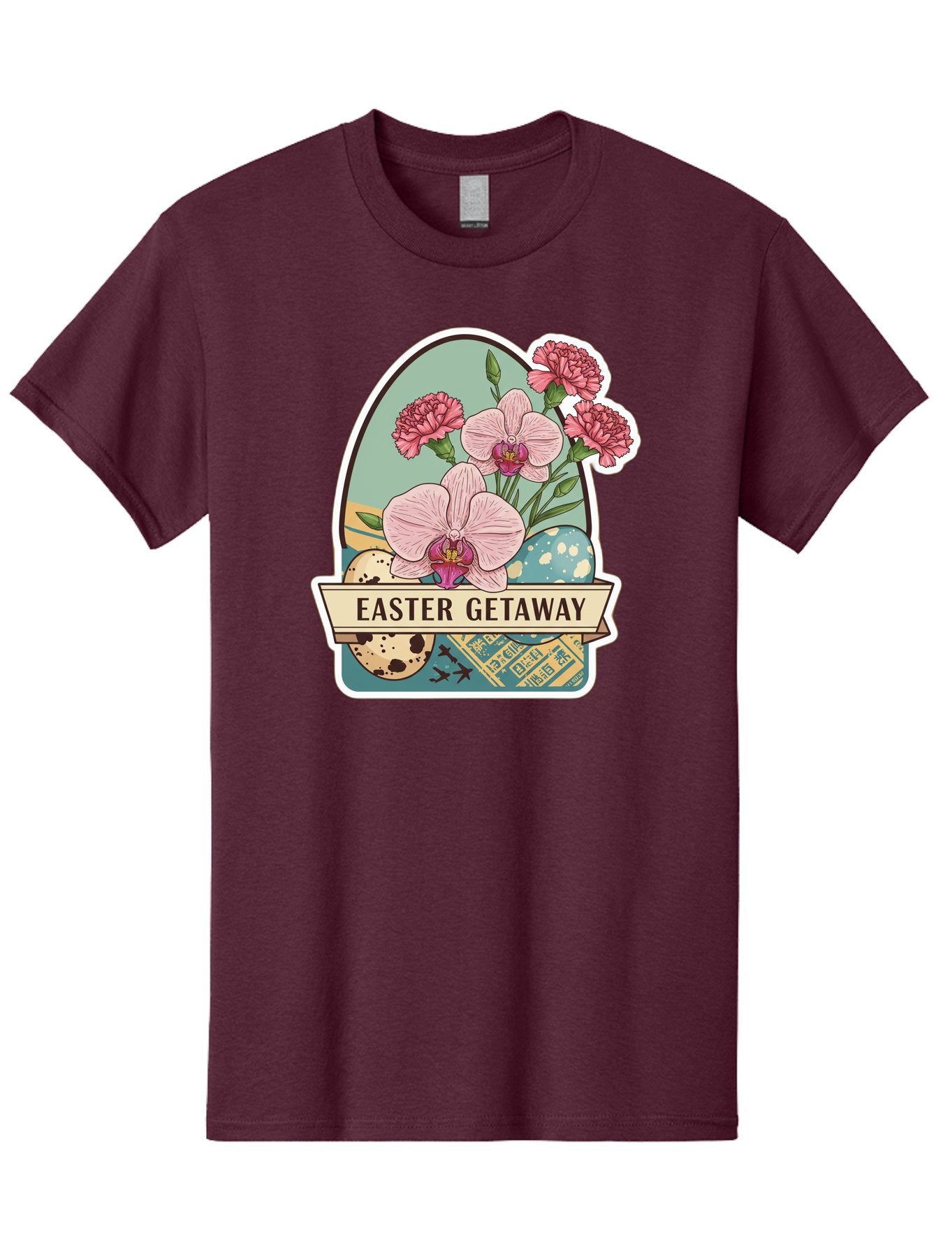Easter-Getaway Men'S Graphic Tee, 100% Cotton, Comfortable Casual Summer Wear, Machine Washable, Easter Getaway, Easter Egg, Pink Orchids, Carnations, Eggs, Birds, Decorative Egg, Easter Flowers, Spring Flowers, Pastel Colors, Baa628 11