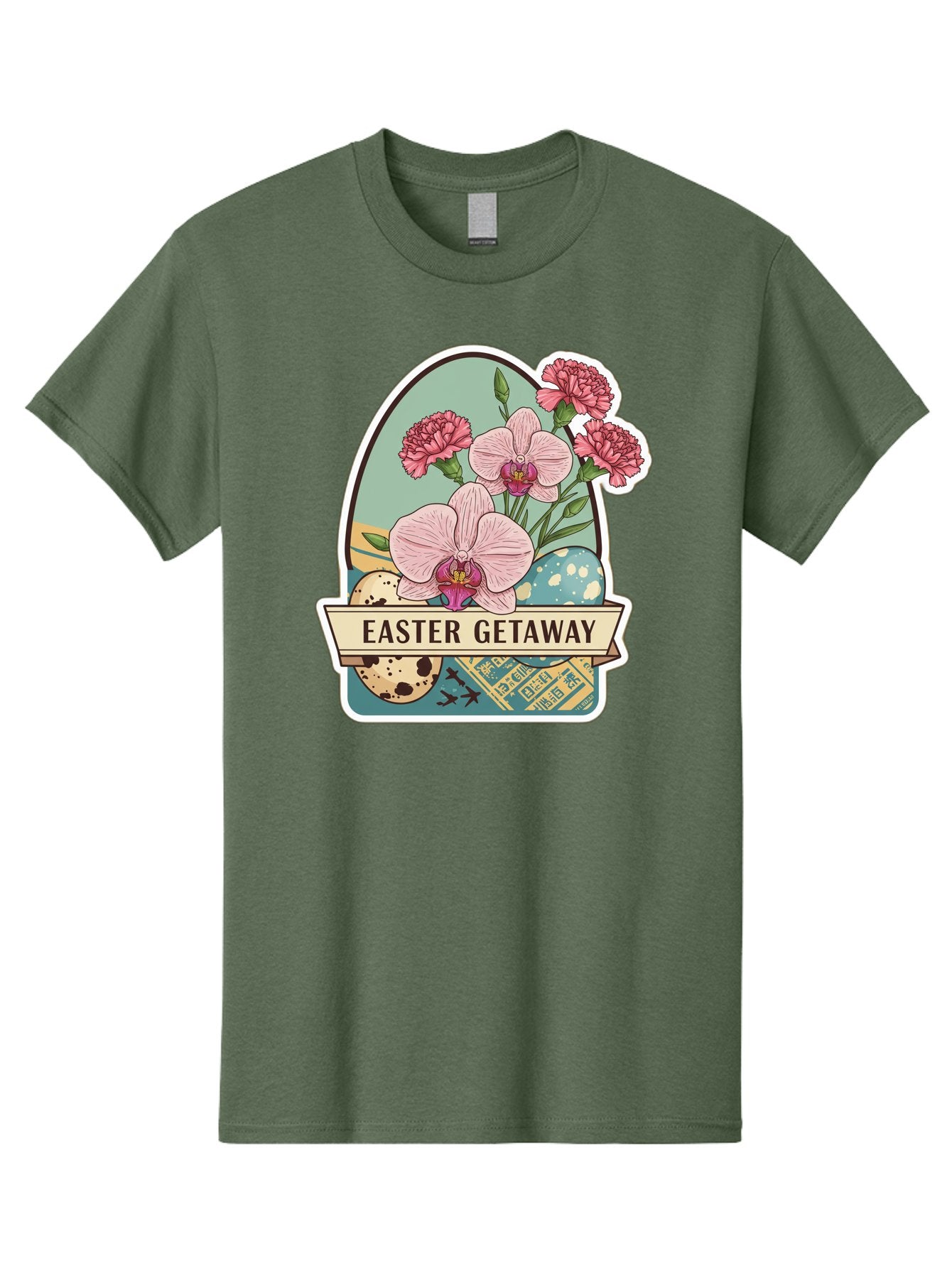 Easter-Getaway Men'S Graphic Tee, 100% Cotton, Comfortable Casual Summer Wear, Machine Washable, Easter Getaway, Easter Egg, Pink Orchids, Carnations, Eggs, Birds, Decorative Egg, Easter Flowers, Spring Flowers, Pastel Colors, Baa628 12