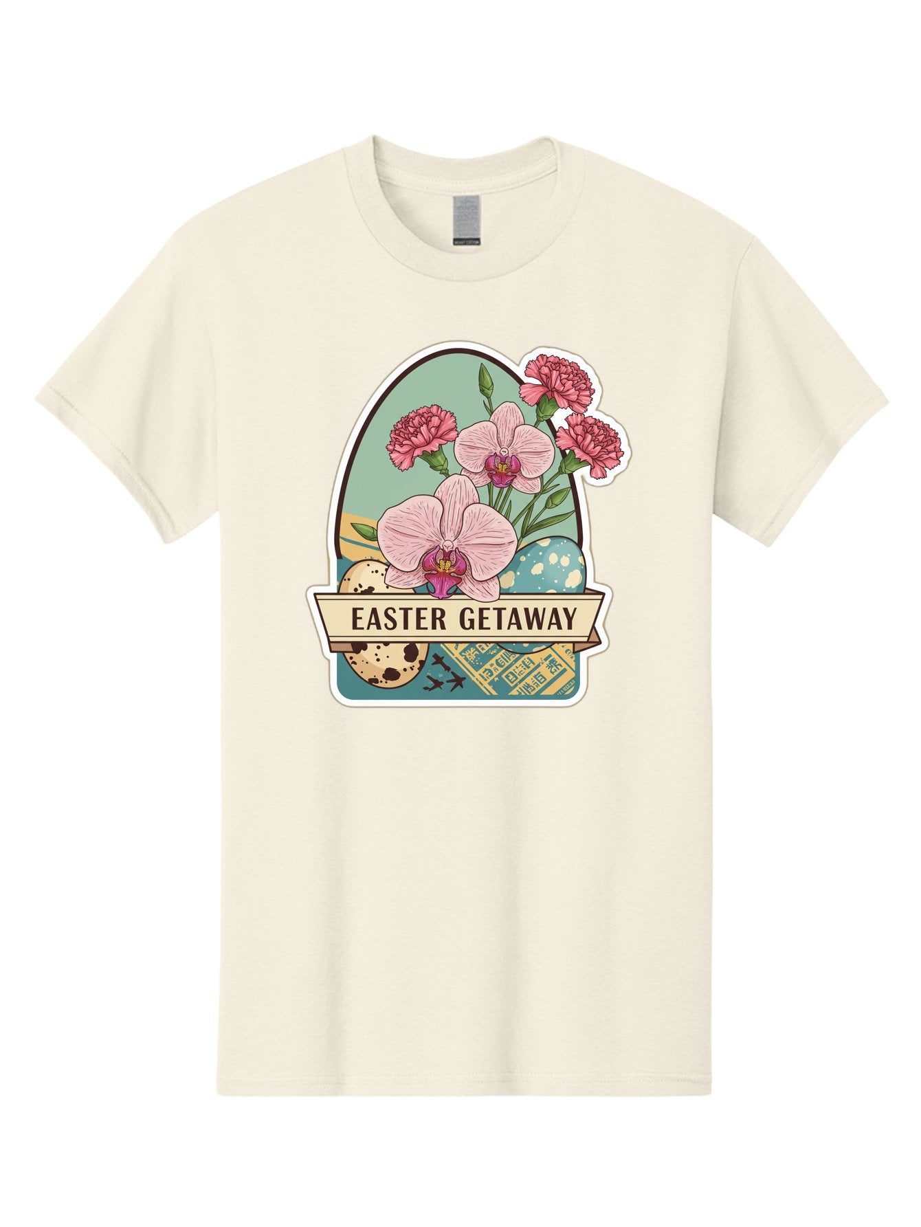 Easter-Getaway Men'S Graphic Tee, 100% Cotton, Comfortable Casual Summer Wear, Machine Washable, Easter Getaway, Easter Egg, Pink Orchids, Carnations, Eggs, Birds, Decorative Egg, Easter Flowers, Spring Flowers, Pastel Colors, Baa628 5