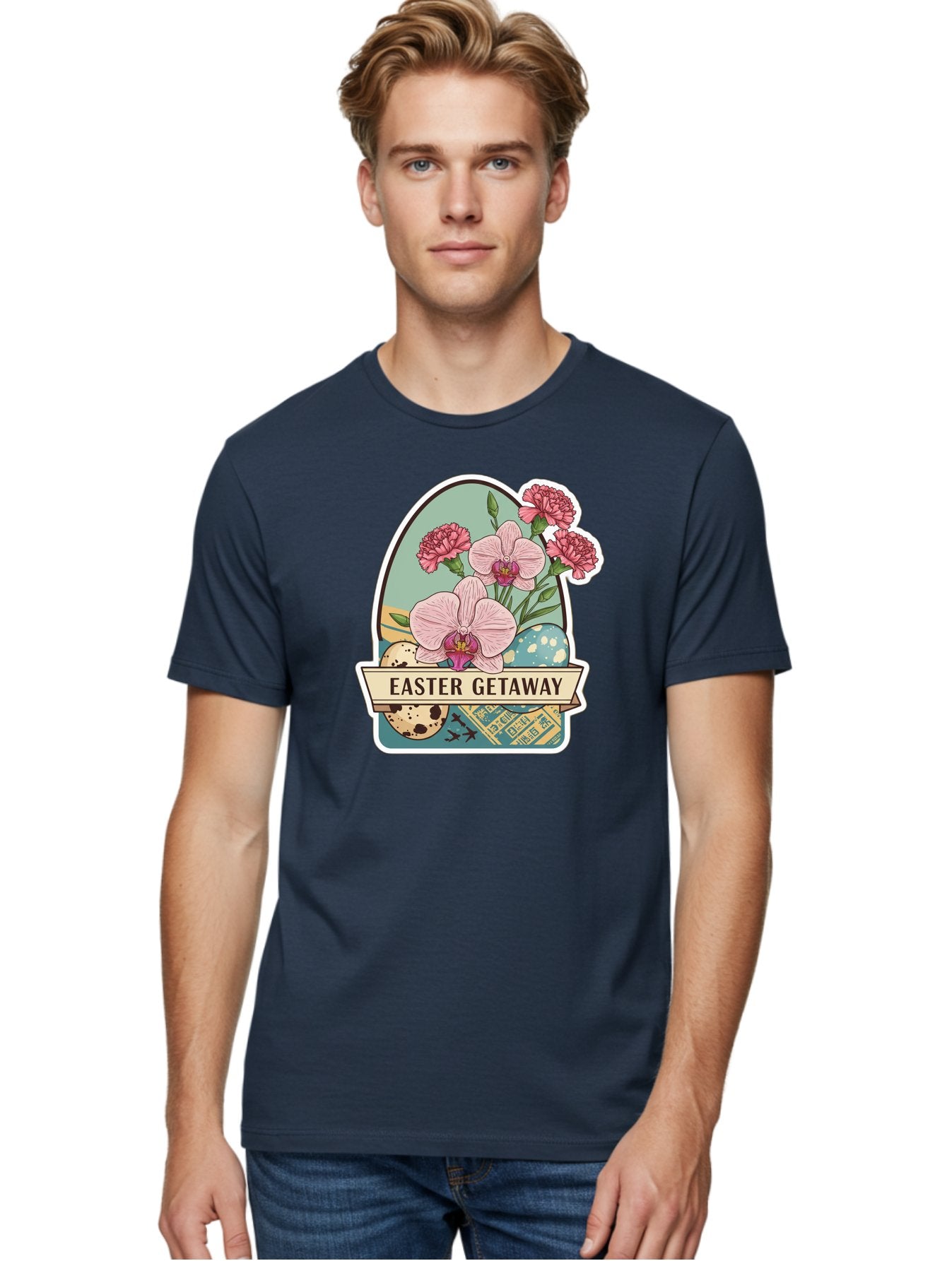 Easter-Getaway Men'S Graphic Tee, 100% Cotton, Comfortable Casual Summer Wear, Machine Washable, Easter Getaway, Easter Egg, Pink Orchids, Carnations, Eggs, Birds, Decorative Egg, Easter Flowers, Spring Flowers, Pastel Colors, Baa628 24
