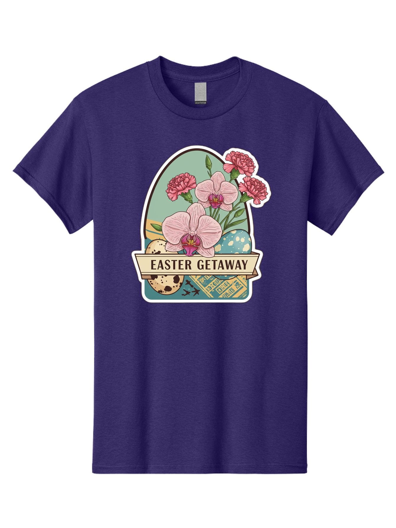Easter-Getaway Men'S Graphic Tee, 100% Cotton, Comfortable Casual Summer Wear, Machine Washable, Easter Getaway, Easter Egg, Pink Orchids, Carnations, Eggs, Birds, Decorative Egg, Easter Flowers, Spring Flowers, Pastel Colors, Baa628 4