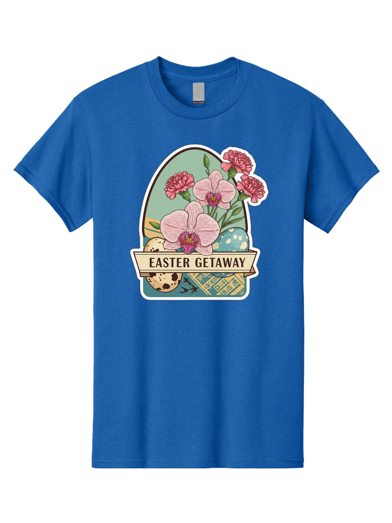 Easter-Getaway Men'S Graphic Tee, 100% Cotton, Comfortable Casual Summer Wear, Machine Washable, Easter Getaway, Easter Egg, Pink Orchids, Carnations, Eggs, Birds, Decorative Egg, Easter Flowers, Spring Flowers, Pastel Colors, Baa628