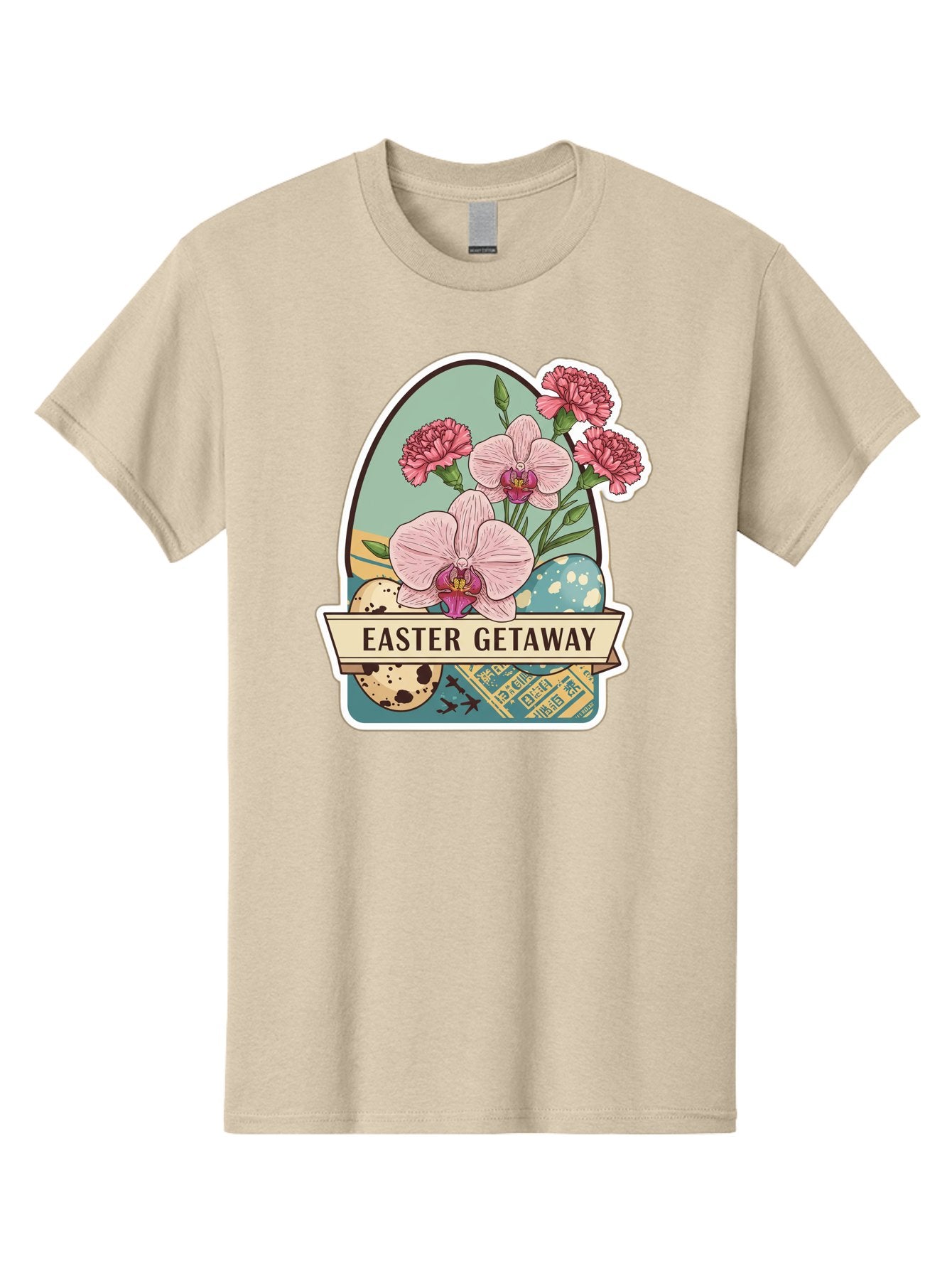 Easter-Getaway Men'S Graphic Tee, 100% Cotton, Comfortable Casual Summer Wear, Machine Washable, Easter Getaway, Easter Egg, Pink Orchids, Carnations, Eggs, Birds, Decorative Egg, Easter Flowers, Spring Flowers, Pastel Colors, Baa628 8