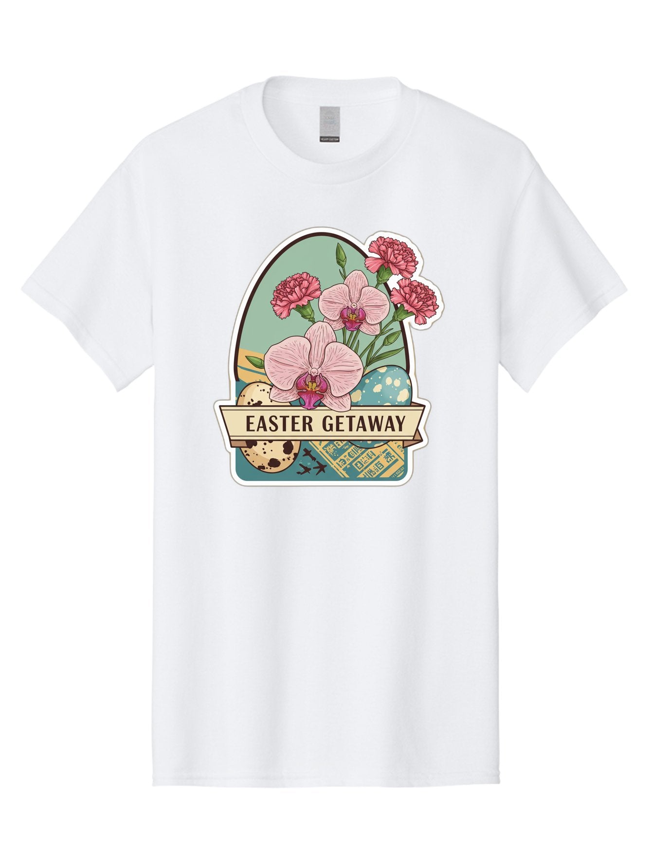 Easter-Getaway Men'S Graphic Tee, 100% Cotton, Comfortable Casual Summer Wear, Machine Washable, Easter Getaway, Easter Egg, Pink Orchids, Carnations, Eggs, Birds, Decorative Egg, Easter Flowers, Spring Flowers, Pastel Colors, Baa628 7