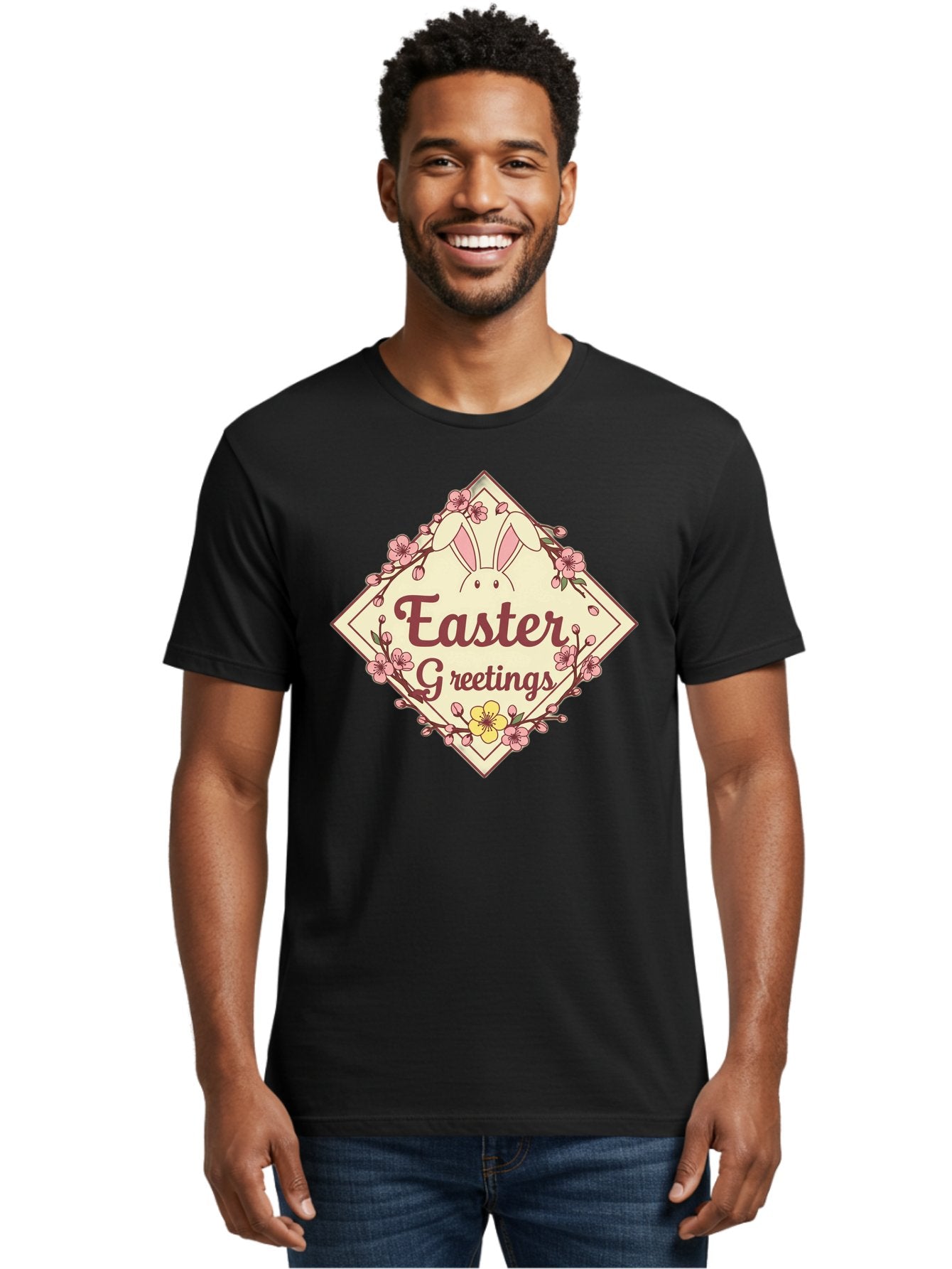 Easter-Greetings Men'S Graphic Tee, 100% Cotton, Comfortable Casual Summer Wear, Machine Washable, Easter Bunny, Easter Greetings, Floral Wreath, Pastel Colors, Spring Flowers, Easter Wishes, Festive Design Baa629 22