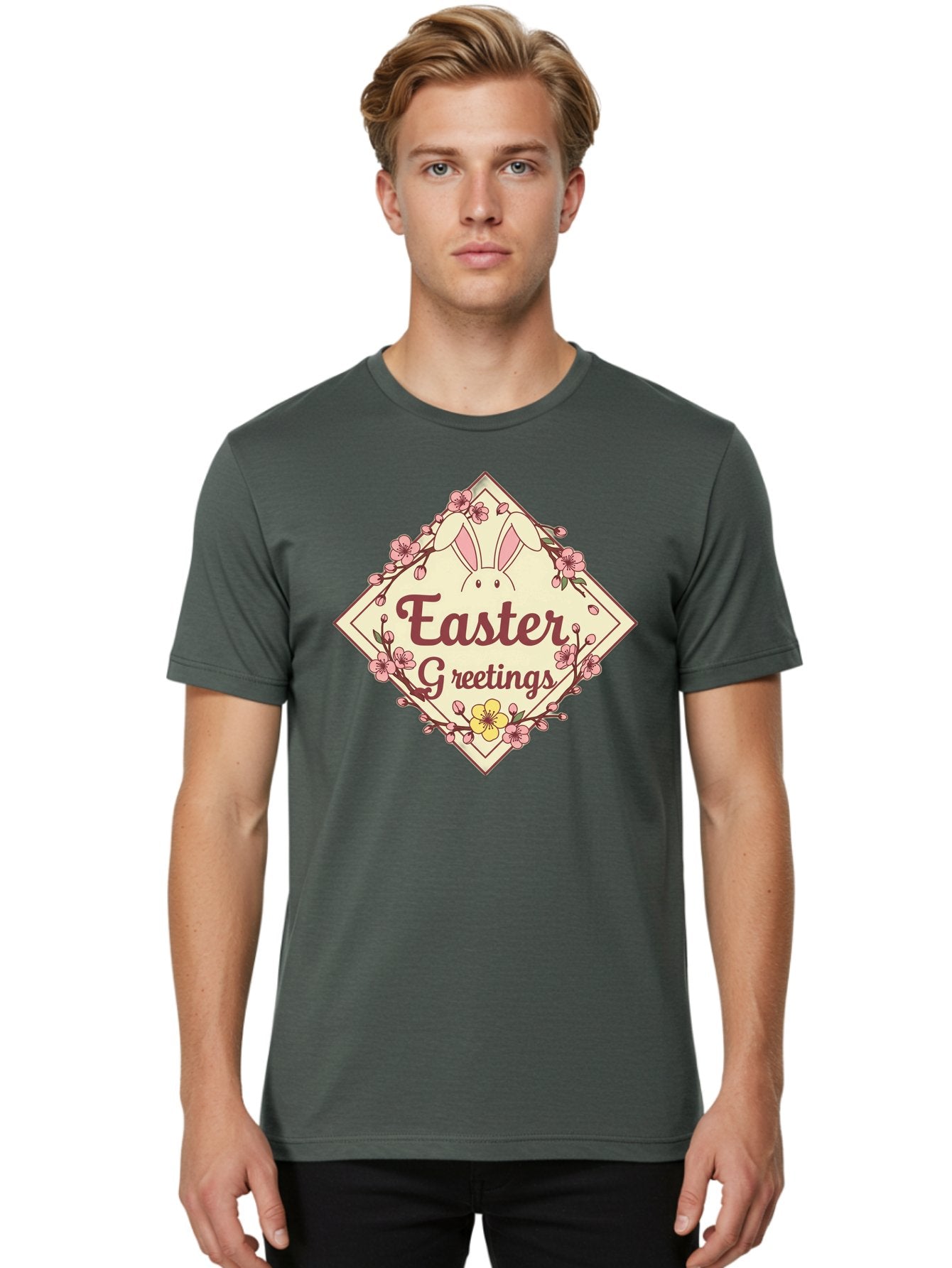 Easter-Greetings Men'S Graphic Tee, 100% Cotton, Comfortable Casual Summer Wear, Machine Washable, Easter Bunny, Easter Greetings, Floral Wreath, Pastel Colors, Spring Flowers, Easter Wishes, Festive Design Baa629 28