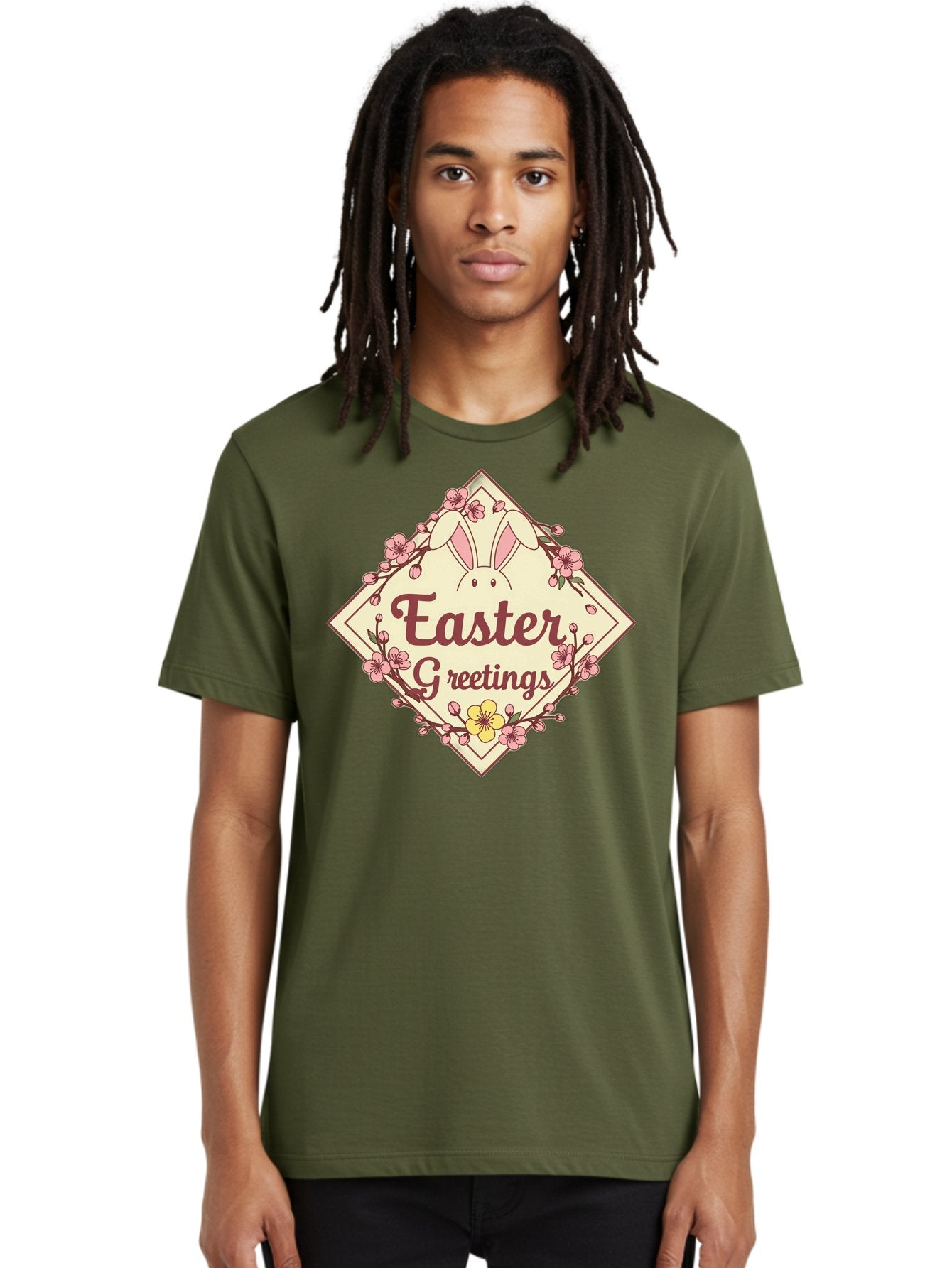 Easter-Greetings Men'S Graphic Tee, 100% Cotton, Comfortable Casual Summer Wear, Machine Washable, Easter Bunny, Easter Greetings, Floral Wreath, Pastel Colors, Spring Flowers, Easter Wishes, Festive Design Baa629 19