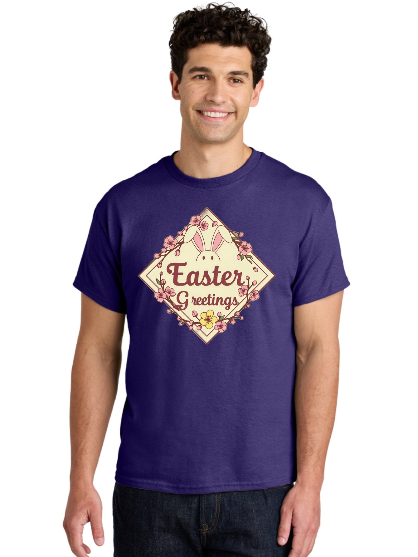 Easter-Greetings Men'S Graphic Tee, 100% Cotton, Comfortable Casual Summer Wear, Machine Washable, Easter Bunny, Easter Greetings, Floral Wreath, Pastel Colors, Spring Flowers, Easter Wishes, Festive Design Baa629 16