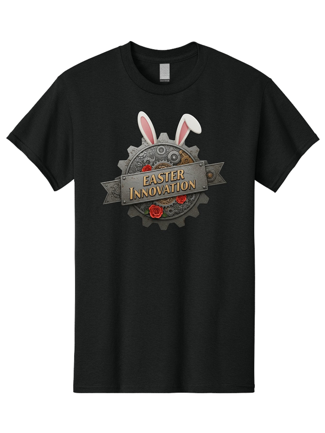 Easter-Innovation Men'S Graphic Tee, 100% Cotton, Comfortable Casual Summer Wear, Machine Washable, Steampunk Gear, Bunny Ears, Easter Innovation Logo, Rose Design, Vintage Machinery, Industrial Aesthetic, Easter Theme, Creative Symbolism, Baa630