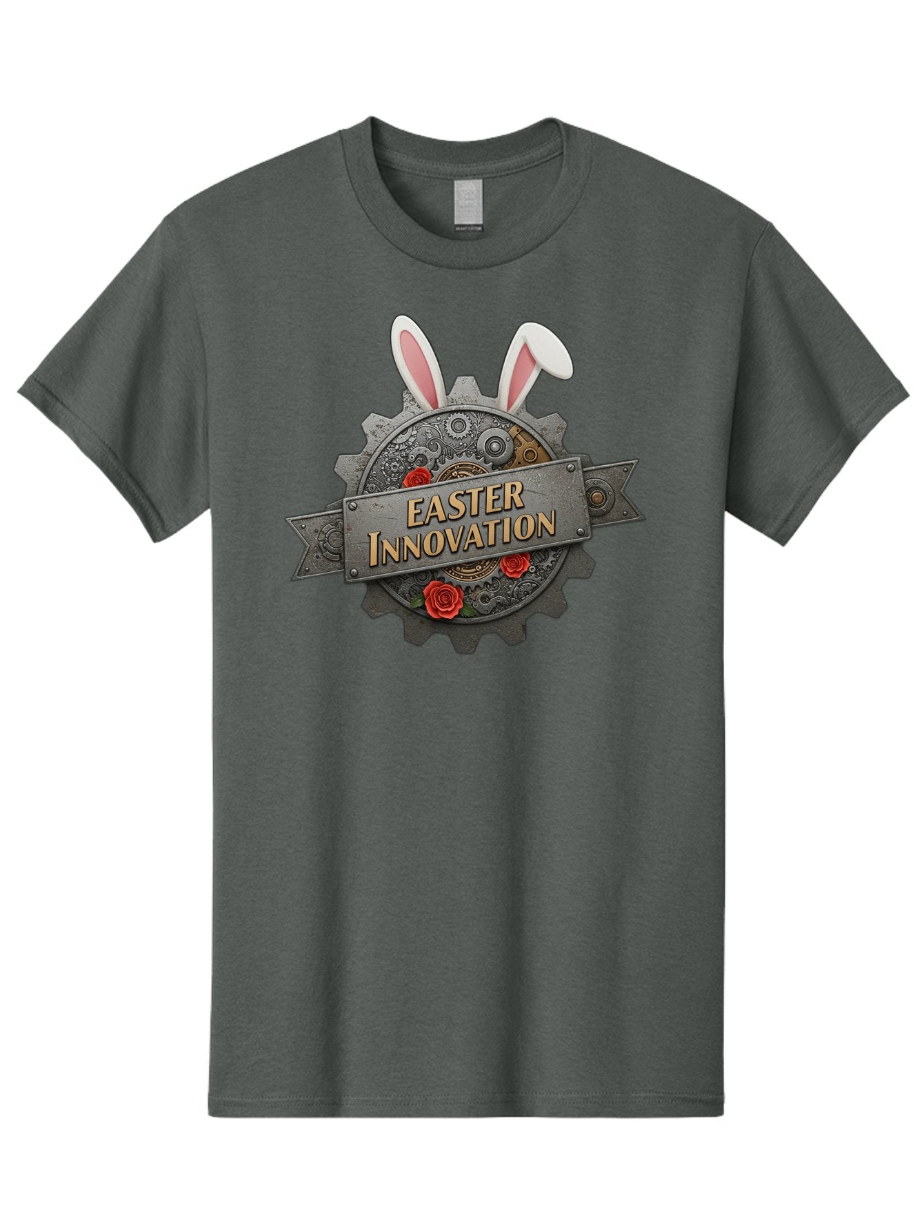Easter-Innovation Men'S Graphic Tee, 100% Cotton, Comfortable Casual Summer Wear, Machine Washable, Steampunk Gear, Bunny Ears, Easter Innovation Logo, Rose Design, Vintage Machinery, Industrial Aesthetic, Easter Theme, Creative Symbolism, Baa630 4
