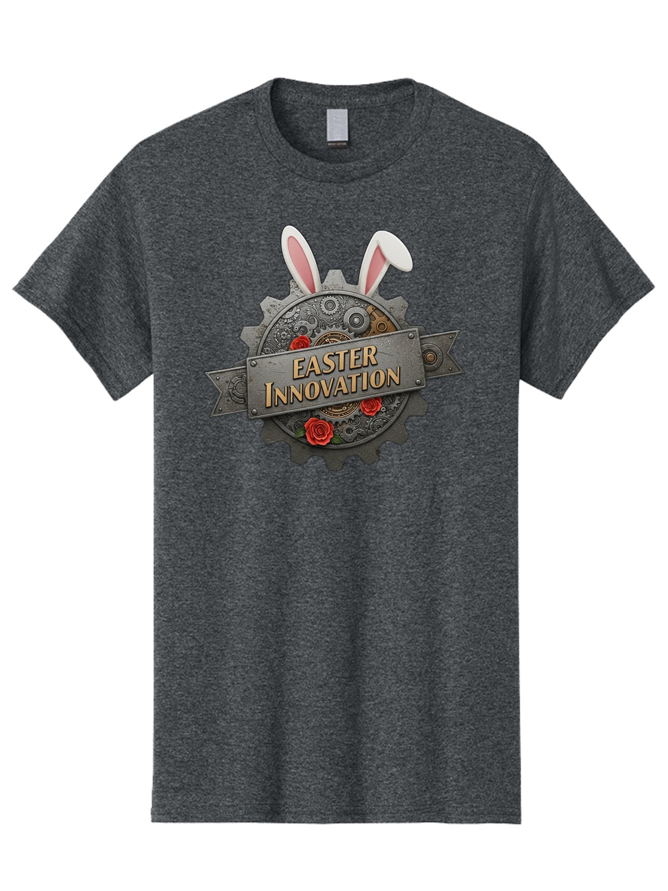 Easter-Innovation Men'S Graphic Tee, 100% Cotton, Comfortable Casual Summer Wear, Machine Washable, Steampunk Gear, Bunny Ears, Easter Innovation Logo, Rose Design, Vintage Machinery, Industrial Aesthetic, Easter Theme, Creative Symbolism, Baa630 13