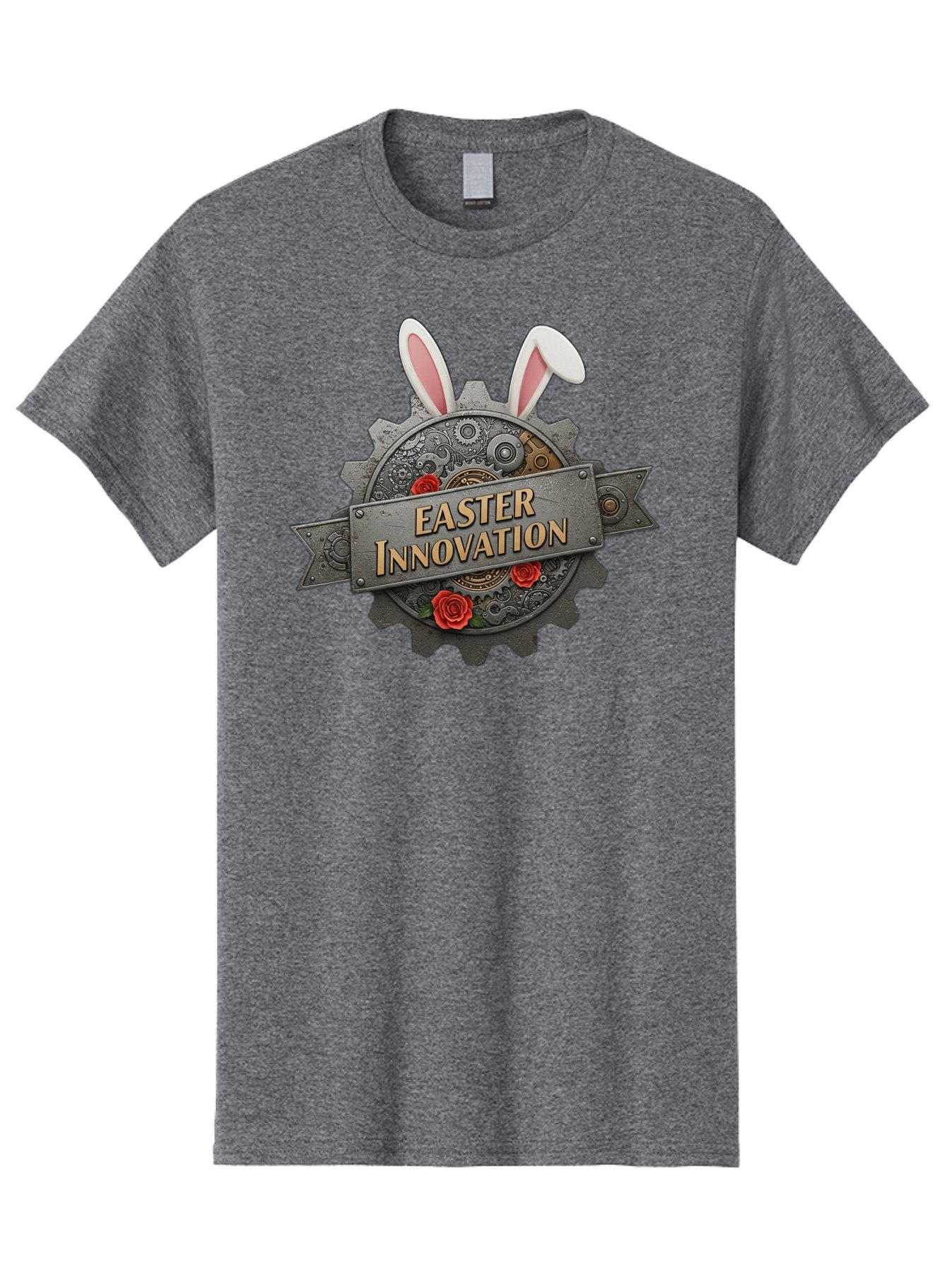 Easter-Innovation Men'S Graphic Tee, 100% Cotton, Comfortable Casual Summer Wear, Machine Washable, Steampunk Gear, Bunny Ears, Easter Innovation Logo, Rose Design, Vintage Machinery, Industrial Aesthetic, Easter Theme, Creative Symbolism, Baa630 6