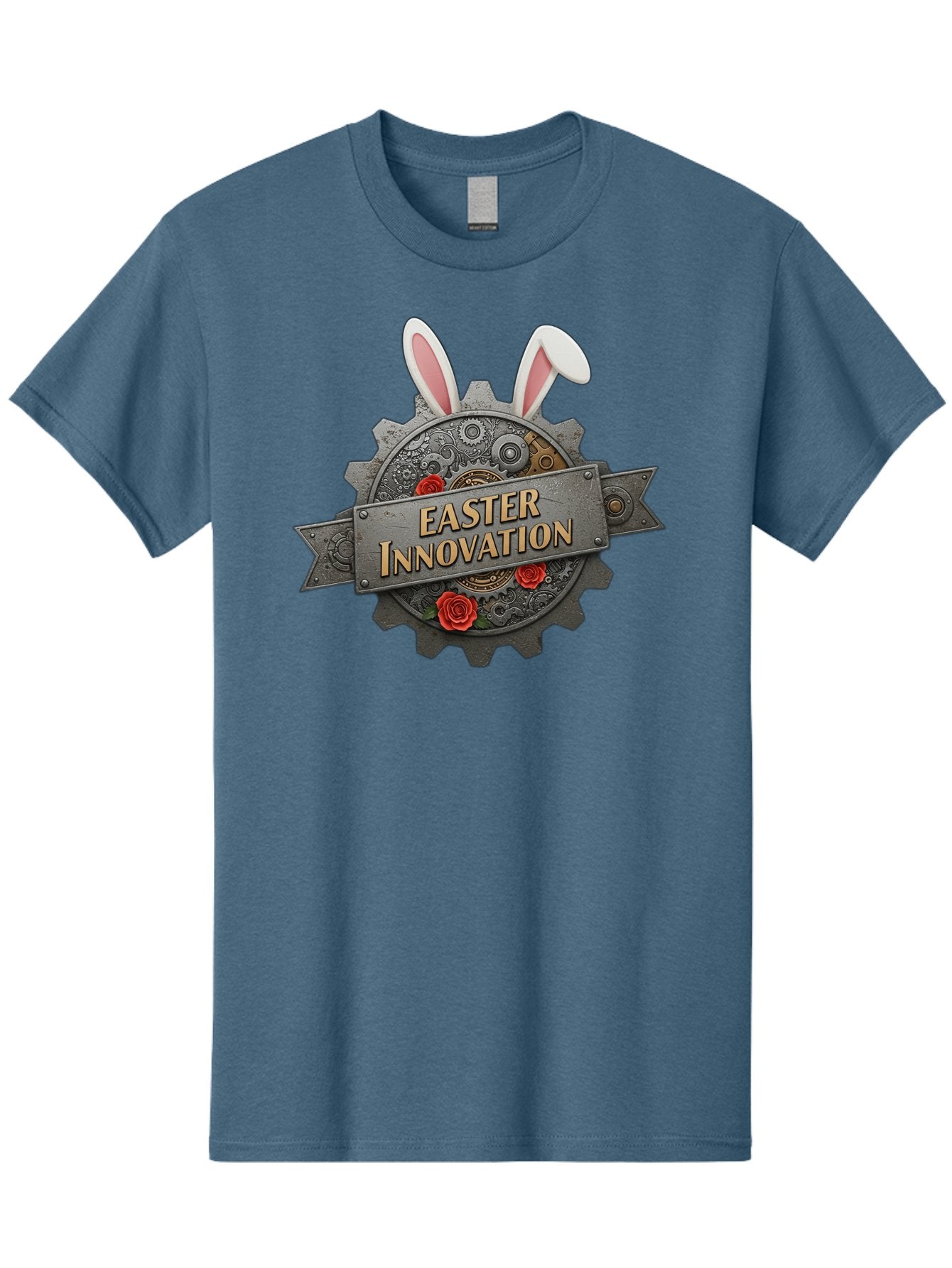 Easter-Innovation Men'S Graphic Tee, 100% Cotton, Comfortable Casual Summer Wear, Machine Washable, Steampunk Gear, Bunny Ears, Easter Innovation Logo, Rose Design, Vintage Machinery, Industrial Aesthetic, Easter Theme, Creative Symbolism, Baa630 15