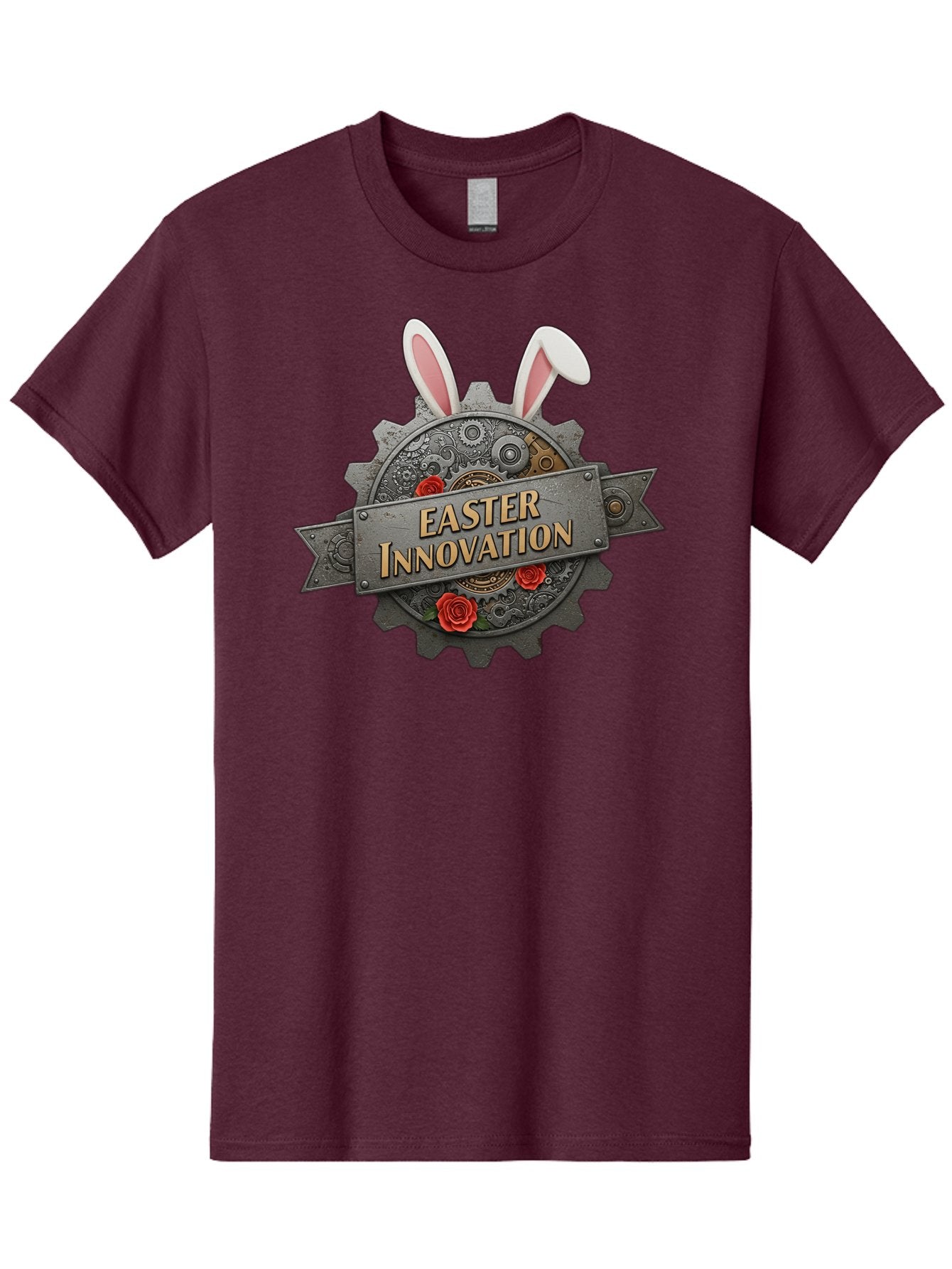 Easter-Innovation Men'S Graphic Tee, 100% Cotton, Comfortable Casual Summer Wear, Machine Washable, Steampunk Gear, Bunny Ears, Easter Innovation Logo, Rose Design, Vintage Machinery, Industrial Aesthetic, Easter Theme, Creative Symbolism, Baa630 10