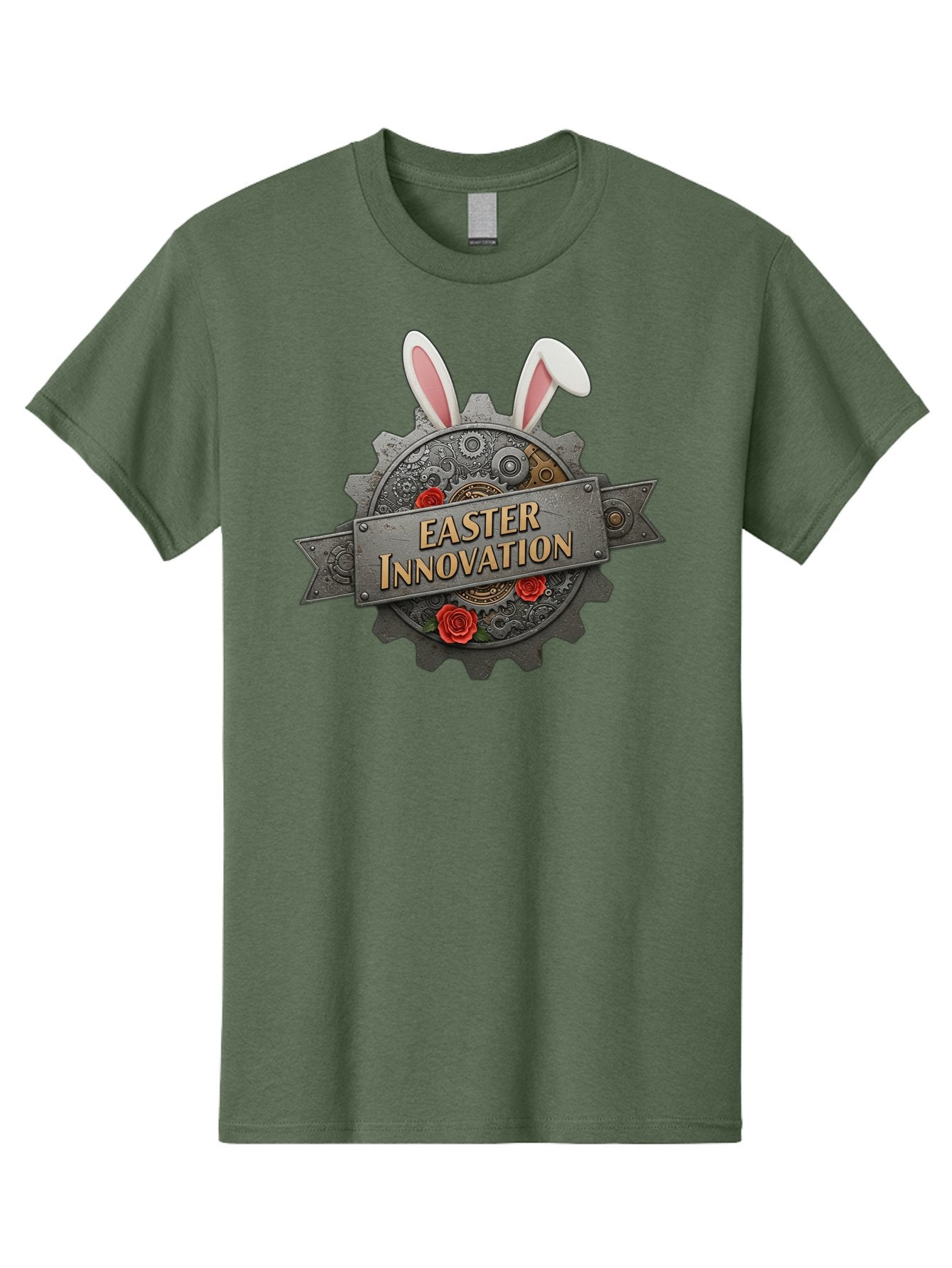 Easter-Innovation Men'S Graphic Tee, 100% Cotton, Comfortable Casual Summer Wear, Machine Washable, Steampunk Gear, Bunny Ears, Easter Innovation Logo, Rose Design, Vintage Machinery, Industrial Aesthetic, Easter Theme, Creative Symbolism, Baa630 7