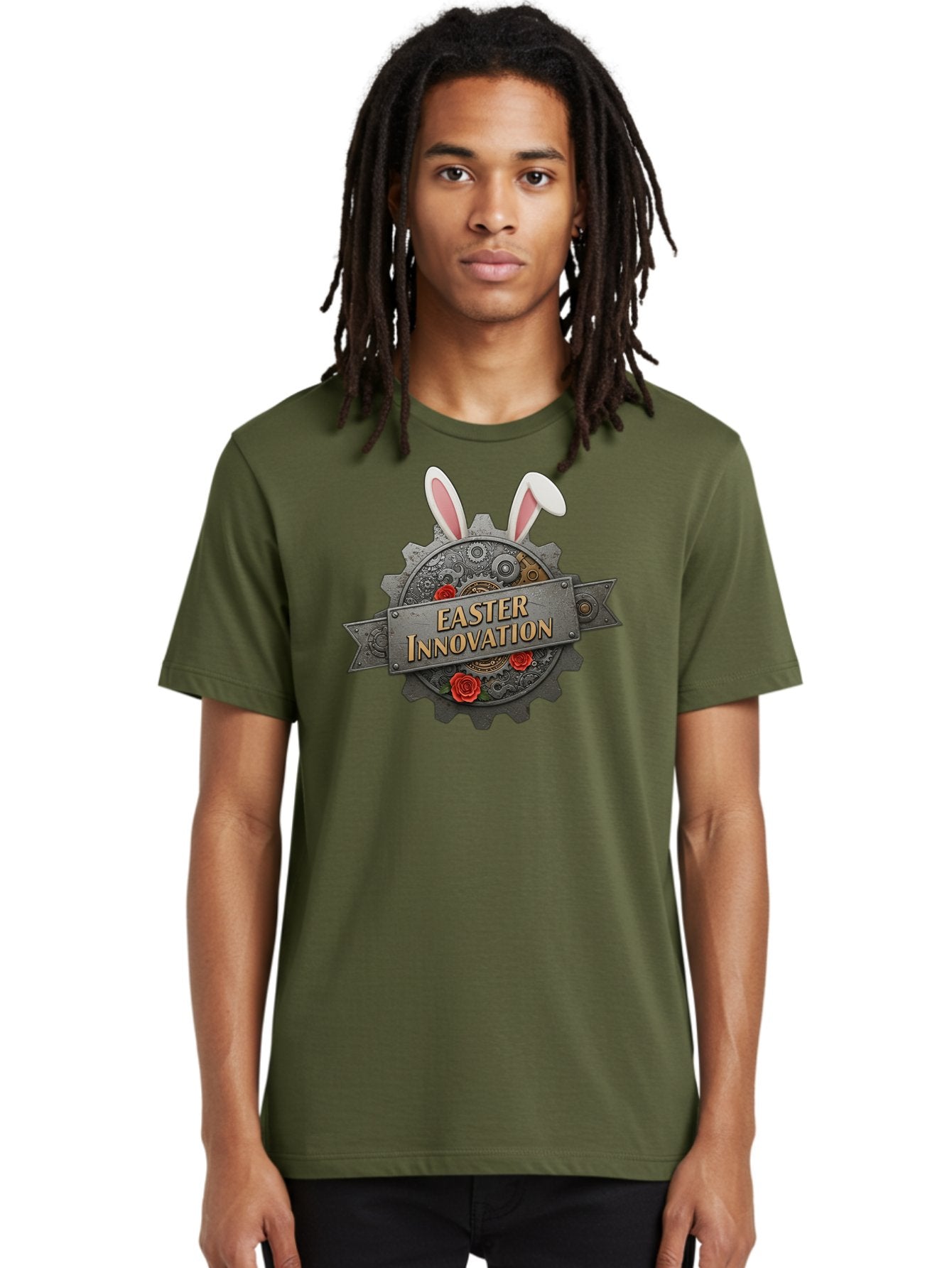 Easter-Innovation Men'S Graphic Tee, 100% Cotton, Comfortable Casual Summer Wear, Machine Washable, Steampunk Gear, Bunny Ears, Easter Innovation Logo, Rose Design, Vintage Machinery, Industrial Aesthetic, Easter Theme, Creative Symbolism, Baa630 16