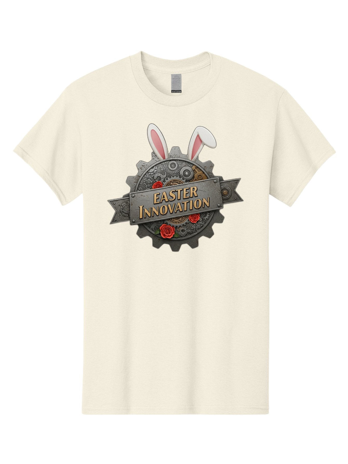 Easter-Innovation Men'S Graphic Tee, 100% Cotton, Comfortable Casual Summer Wear, Machine Washable, Steampunk Gear, Bunny Ears, Easter Innovation Logo, Rose Design, Vintage Machinery, Industrial Aesthetic, Easter Theme, Creative Symbolism, Baa630 11