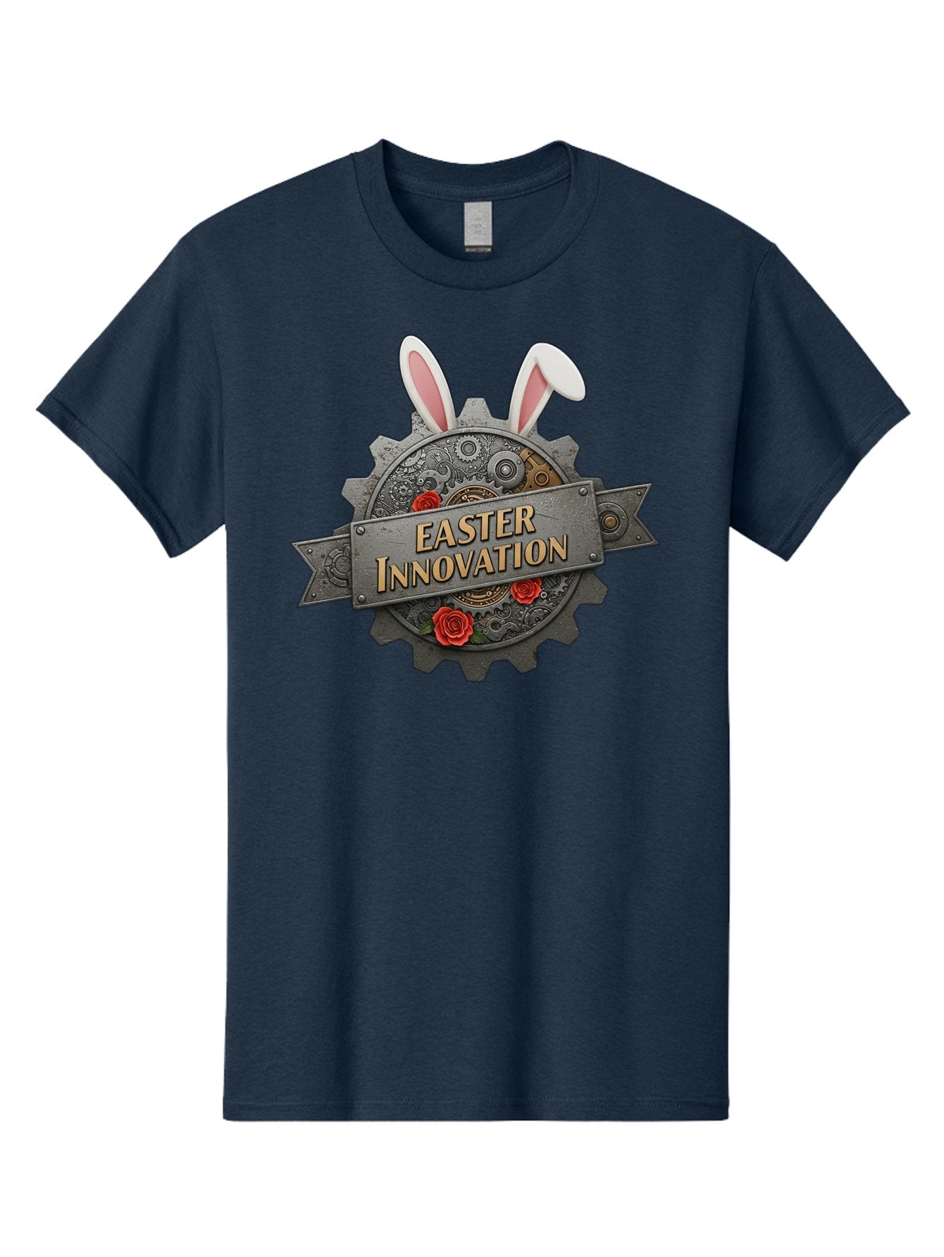 Easter-Innovation Men'S Graphic Tee, 100% Cotton, Comfortable Casual Summer Wear, Machine Washable, Steampunk Gear, Bunny Ears, Easter Innovation Logo, Rose Design, Vintage Machinery, Industrial Aesthetic, Easter Theme, Creative Symbolism, Baa630 12