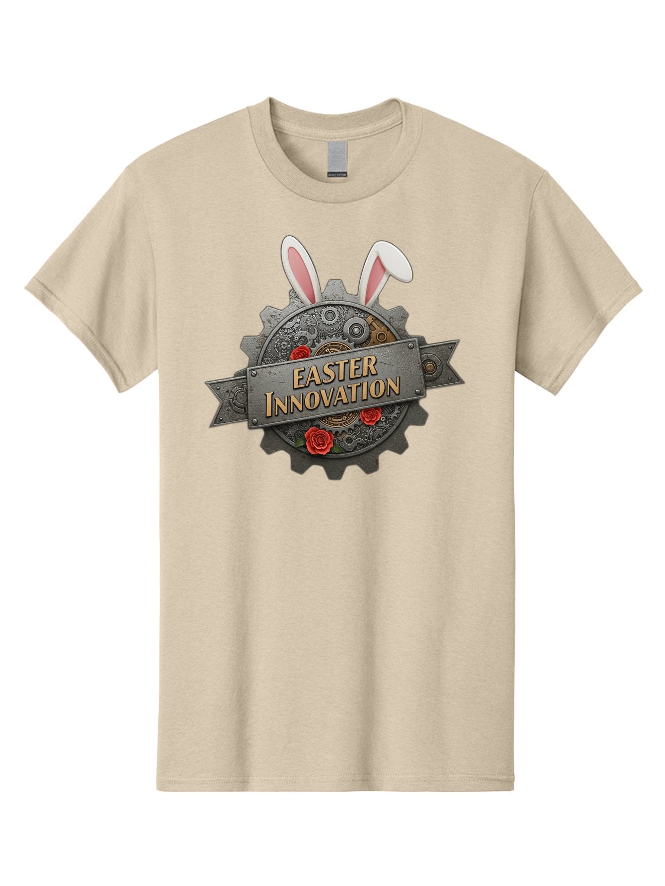 Easter-Innovation Men'S Graphic Tee, 100% Cotton, Comfortable Casual Summer Wear, Machine Washable, Steampunk Gear, Bunny Ears, Easter Innovation Logo, Rose Design, Vintage Machinery, Industrial Aesthetic, Easter Theme, Creative Symbolism, Baa630 8