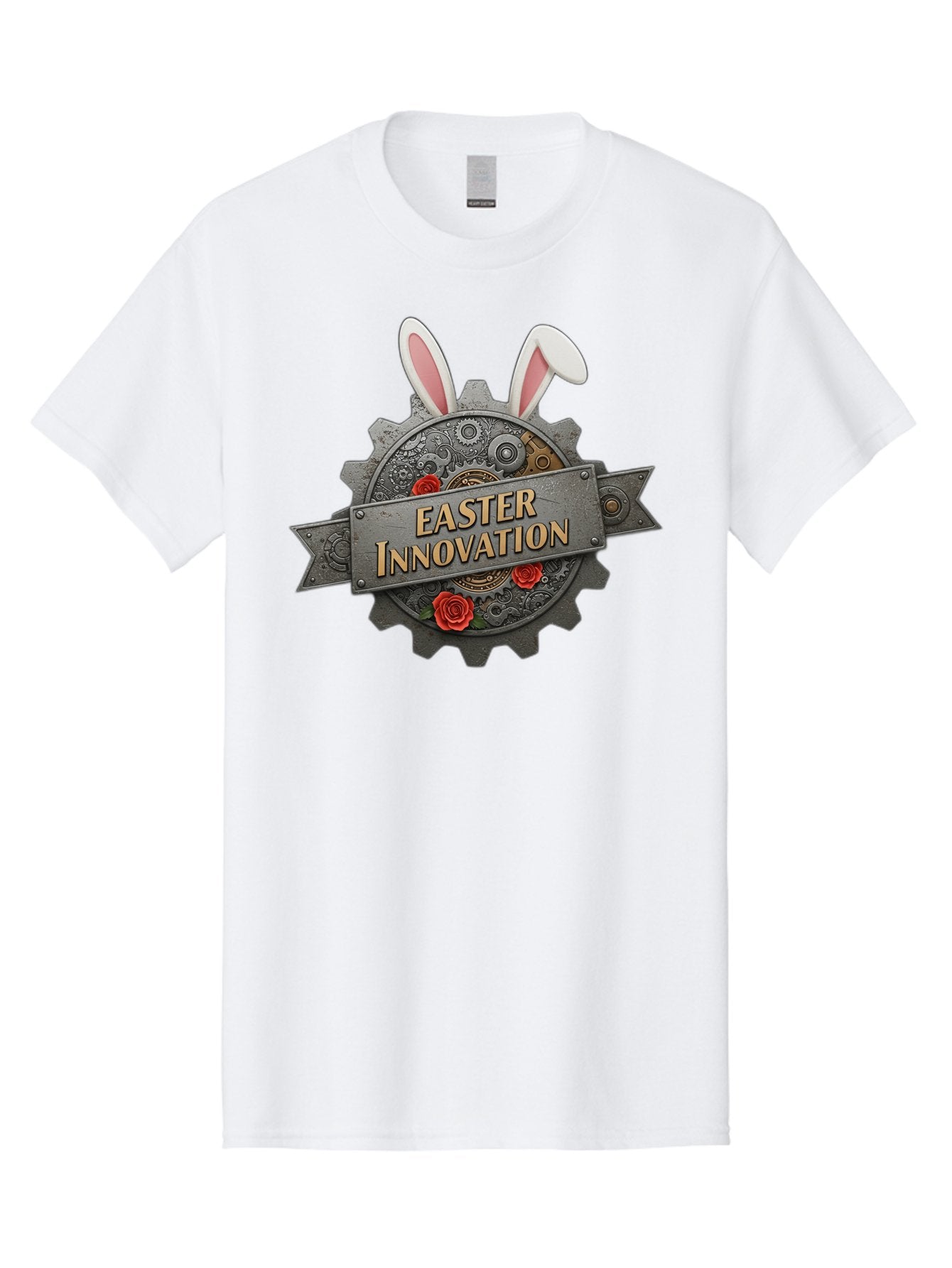 Easter-Innovation Men'S Graphic Tee, 100% Cotton, Comfortable Casual Summer Wear, Machine Washable, Steampunk Gear, Bunny Ears, Easter Innovation Logo, Rose Design, Vintage Machinery, Industrial Aesthetic, Easter Theme, Creative Symbolism, Baa630