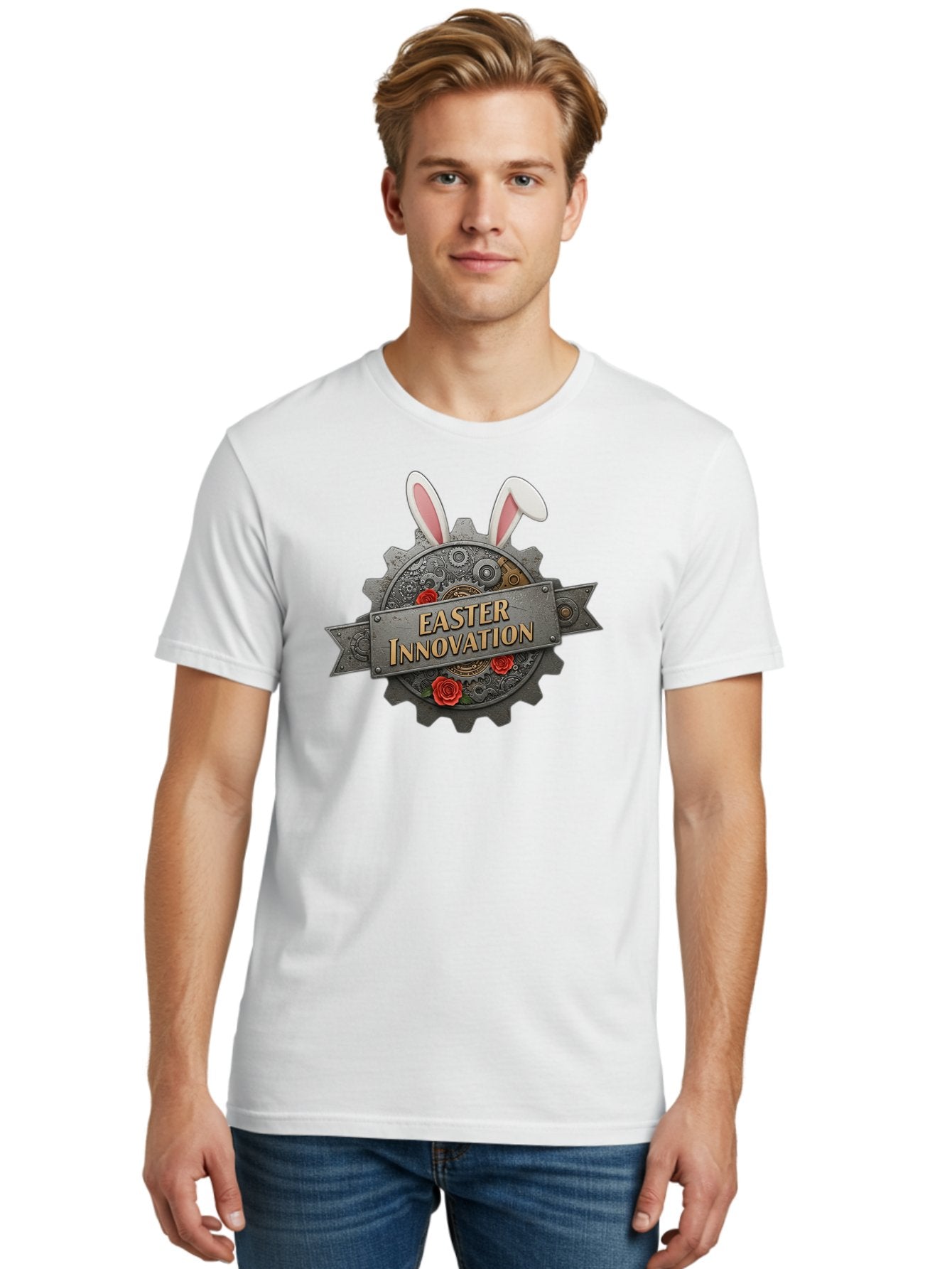 Easter-Innovation Men'S Graphic Tee, 100% Cotton, Comfortable Casual Summer Wear, Machine Washable, Steampunk Gear, Bunny Ears, Easter Innovation Logo, Rose Design, Vintage Machinery, Industrial Aesthetic, Easter Theme, Creative Symbolism, Baa630 19