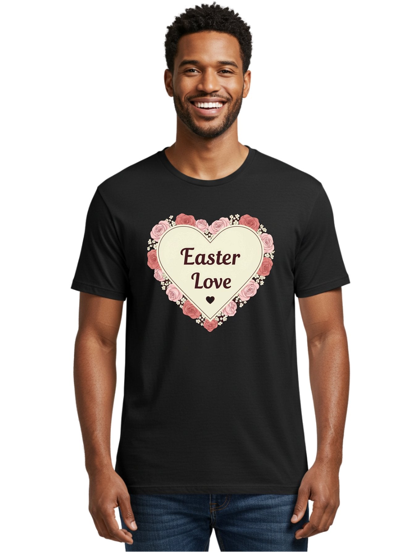 Easter-Love Men'S Graphic Tee, 100% Cotton, Comfortable Casual Summer Wear, Machine Washable, Easter Love, Heart-Shaped Frame, Pink Roses, Floral Wreath, Love Message, Small Green Heart, Easter Theme, Romantic Easter, Spring Flowers, Baa631 26