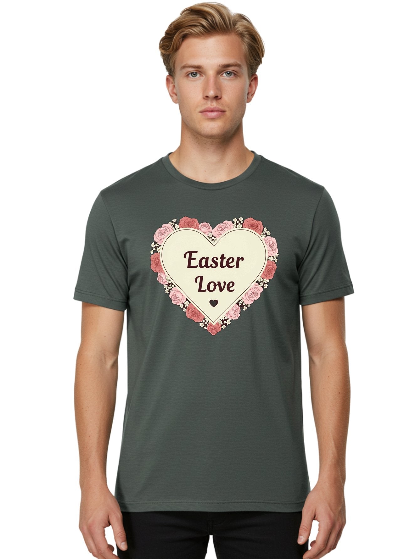 Easter-Love Men'S Graphic Tee, 100% Cotton, Comfortable Casual Summer Wear, Machine Washable, Easter Love, Heart-Shaped Frame, Pink Roses, Floral Wreath, Love Message, Small Green Heart, Easter Theme, Romantic Easter, Spring Flowers, Baa631 29