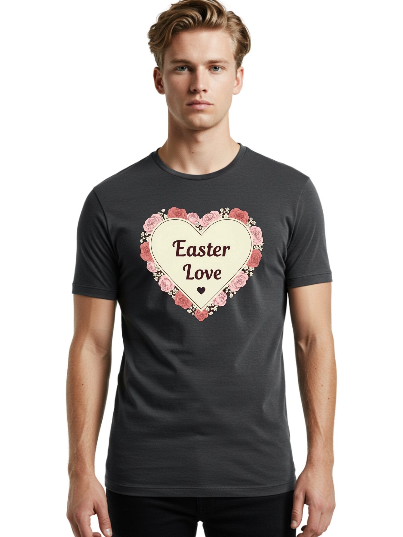 Easter-Love Men'S Graphic Tee, 100% Cotton, Comfortable Casual Summer Wear, Machine Washable, Easter Love, Heart-Shaped Frame, Pink Roses, Floral Wreath, Love Message, Small Green Heart, Easter Theme, Romantic Easter, Spring Flowers, Baa631 25