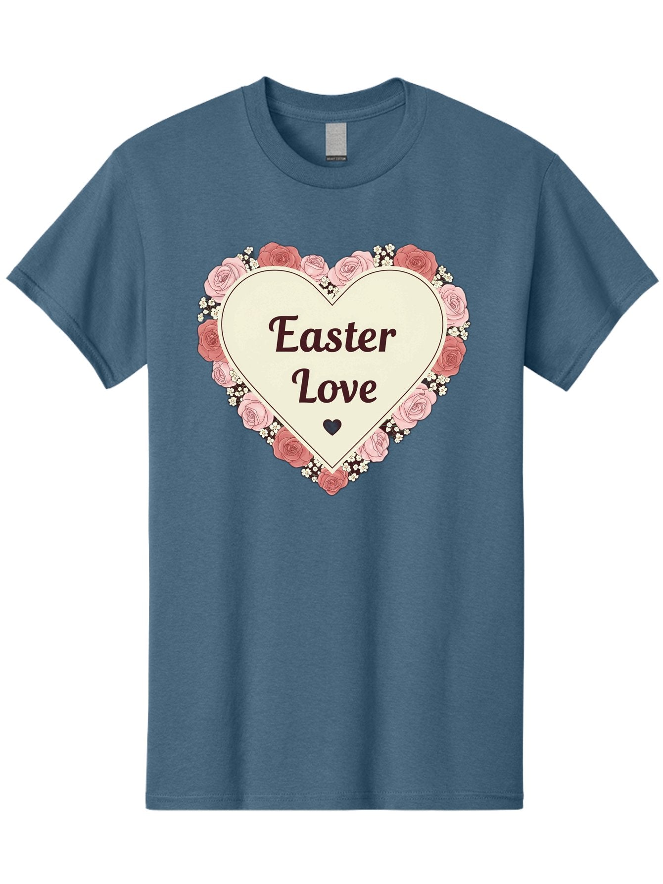 Easter-Love Men'S Graphic Tee, 100% Cotton, Comfortable Casual Summer Wear, Machine Washable, Easter Love, Heart-Shaped Frame, Pink Roses, Floral Wreath, Love Message, Small Green Heart, Easter Theme, Romantic Easter, Spring Flowers, Baa631 6