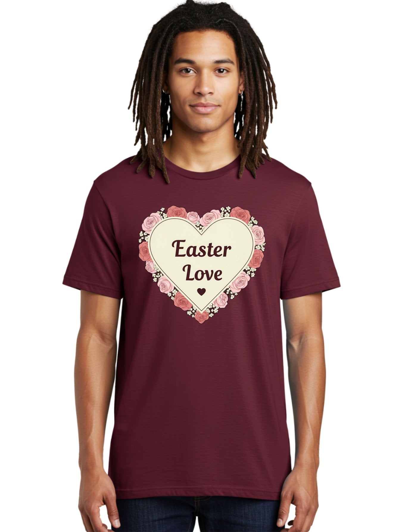 Easter-Love Men'S Graphic Tee, 100% Cotton, Comfortable Casual Summer Wear, Machine Washable, Easter Love, Heart-Shaped Frame, Pink Roses, Floral Wreath, Love Message, Small Green Heart, Easter Theme, Romantic Easter, Spring Flowers, Baa631 30