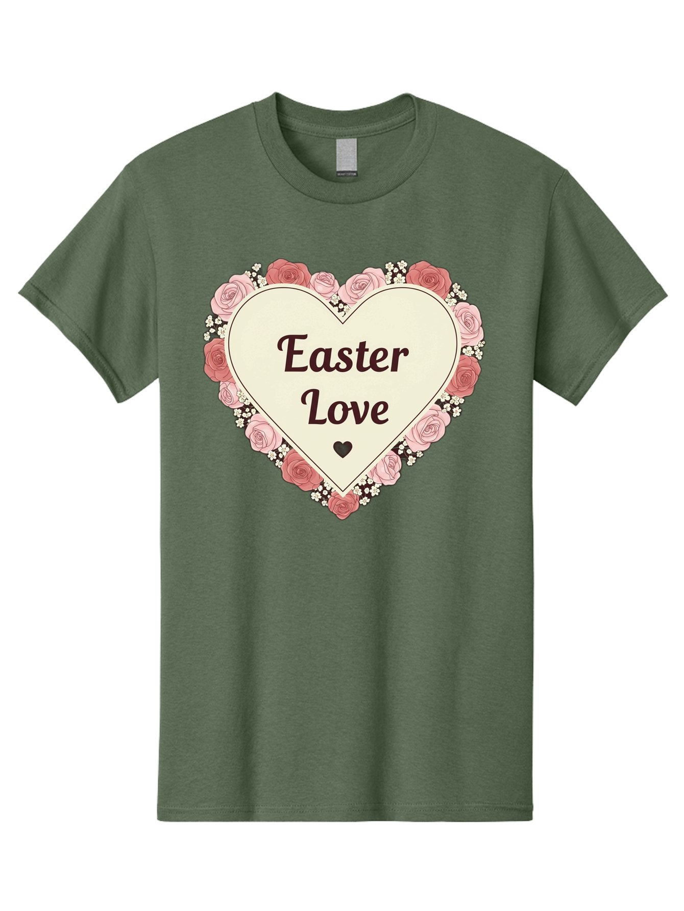 Easter-Love Men'S Graphic Tee, 100% Cotton, Comfortable Casual Summer Wear, Machine Washable, Easter Love, Heart-Shaped Frame, Pink Roses, Floral Wreath, Love Message, Small Green Heart, Easter Theme, Romantic Easter, Spring Flowers, Baa631 4