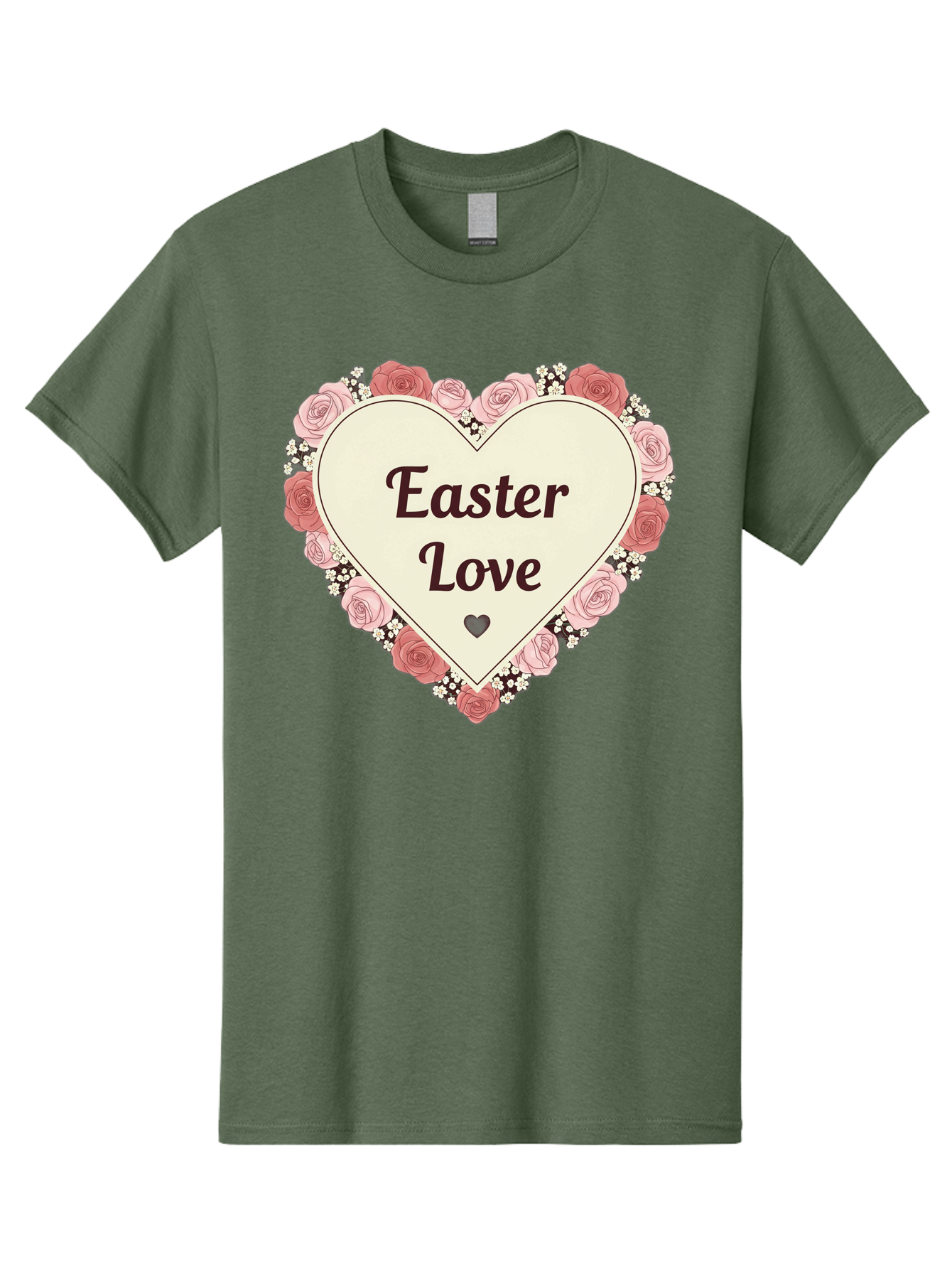 Easter-Love Men'S Graphic Tee, 100% Cotton, Comfortable Casual Summer Wear, Machine Washable, Easter Love, Heart-Shaped Frame, Pink Roses, Floral Wreath, Love Message, Small Green Heart, Easter Theme, Romantic Easter, Spring Flowers, Baa631 23