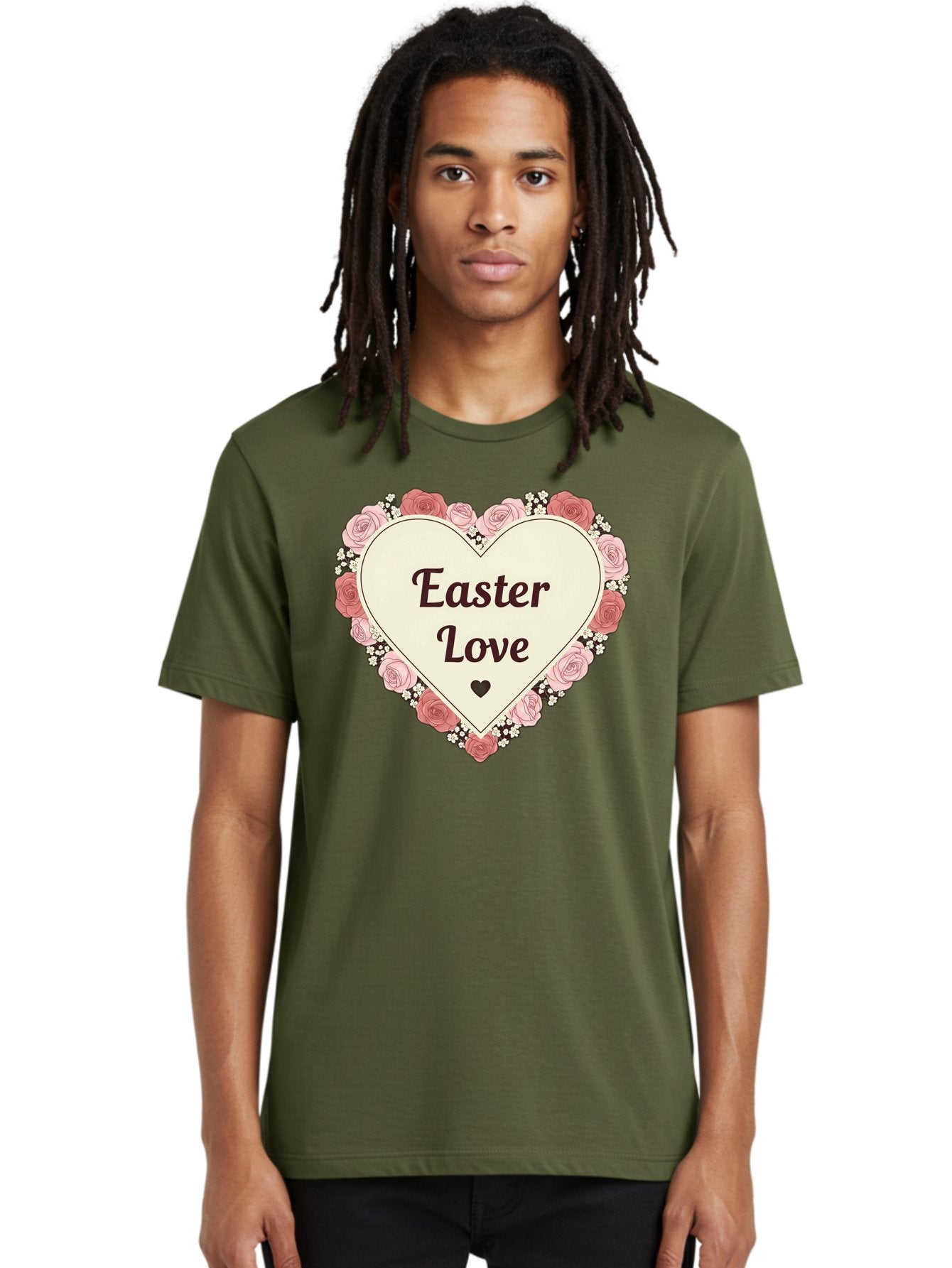 Easter-Love Men'S Graphic Tee, 100% Cotton, Comfortable Casual Summer Wear, Machine Washable, Easter Love, Heart-Shaped Frame, Pink Roses, Floral Wreath, Love Message, Small Green Heart, Easter Theme, Romantic Easter, Spring Flowers, Baa631 18