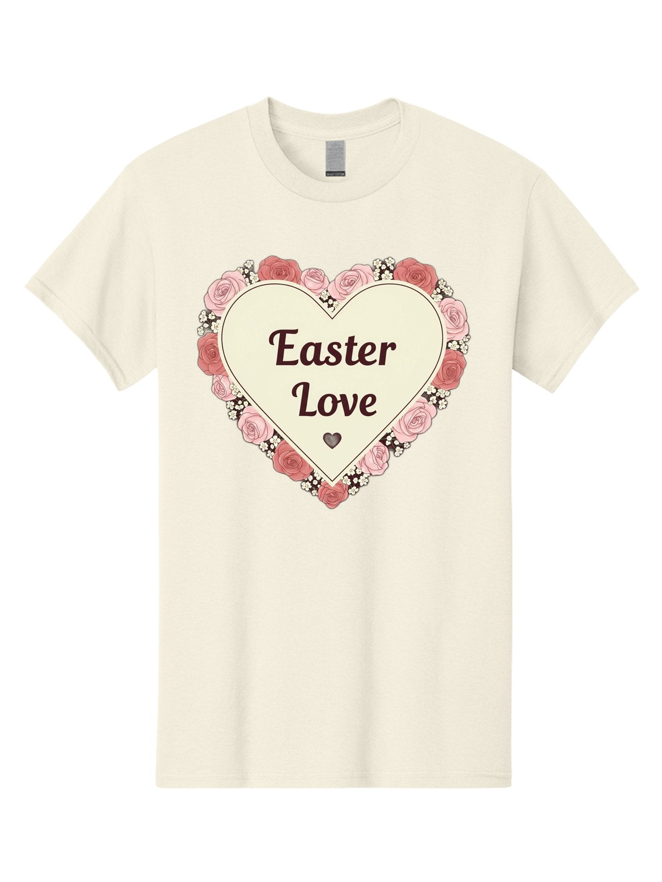 Easter-Love Men'S Graphic Tee, 100% Cotton, Comfortable Casual Summer Wear, Machine Washable, Easter Love, Heart-Shaped Frame, Pink Roses, Floral Wreath, Love Message, Small Green Heart, Easter Theme, Romantic Easter, Spring Flowers, Baa631 5