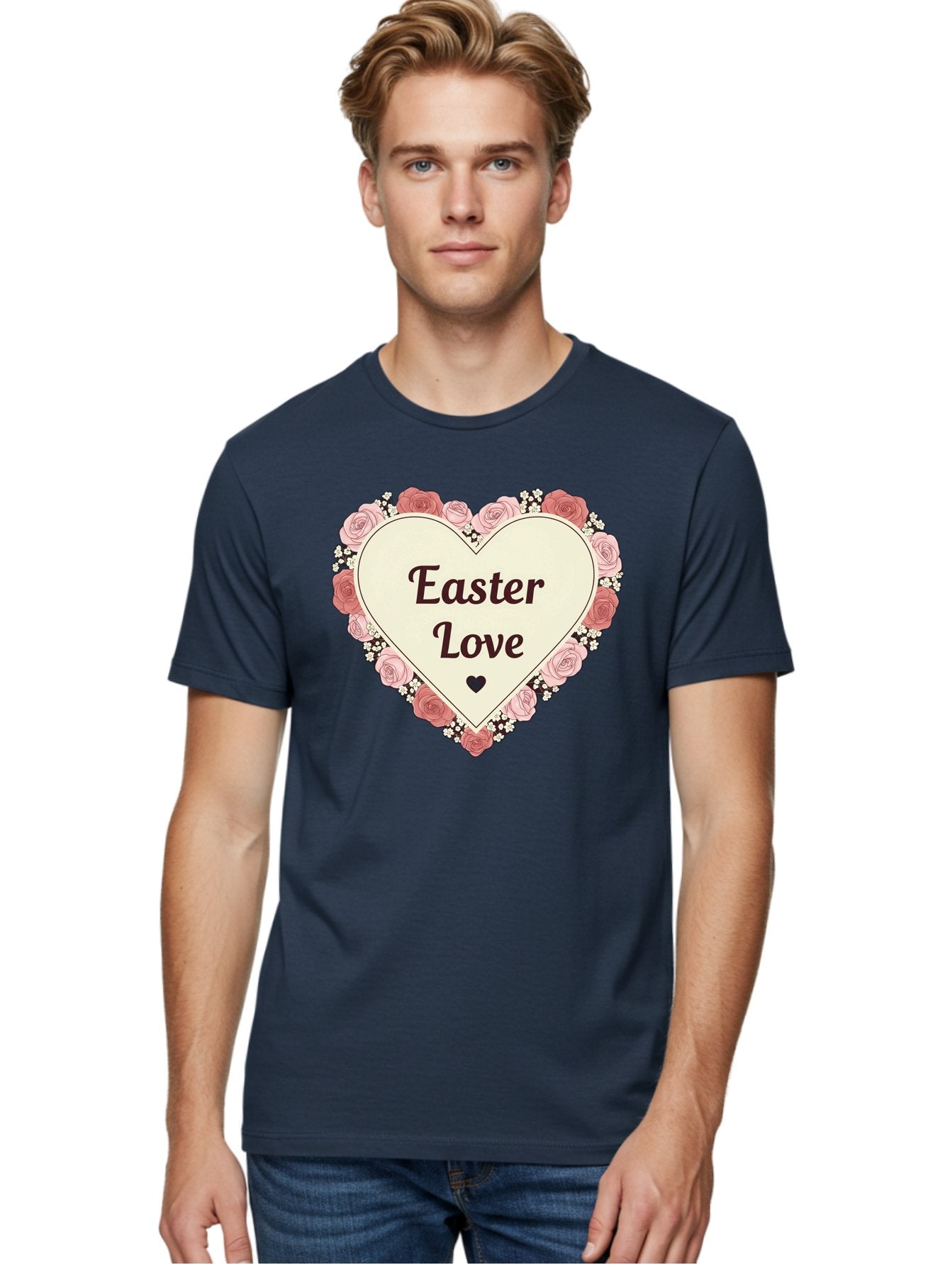 Easter-Love Men'S Graphic Tee, 100% Cotton, Comfortable Casual Summer Wear, Machine Washable, Easter Love, Heart-Shaped Frame, Pink Roses, Floral Wreath, Love Message, Small Green Heart, Easter Theme, Romantic Easter, Spring Flowers, Baa631 19