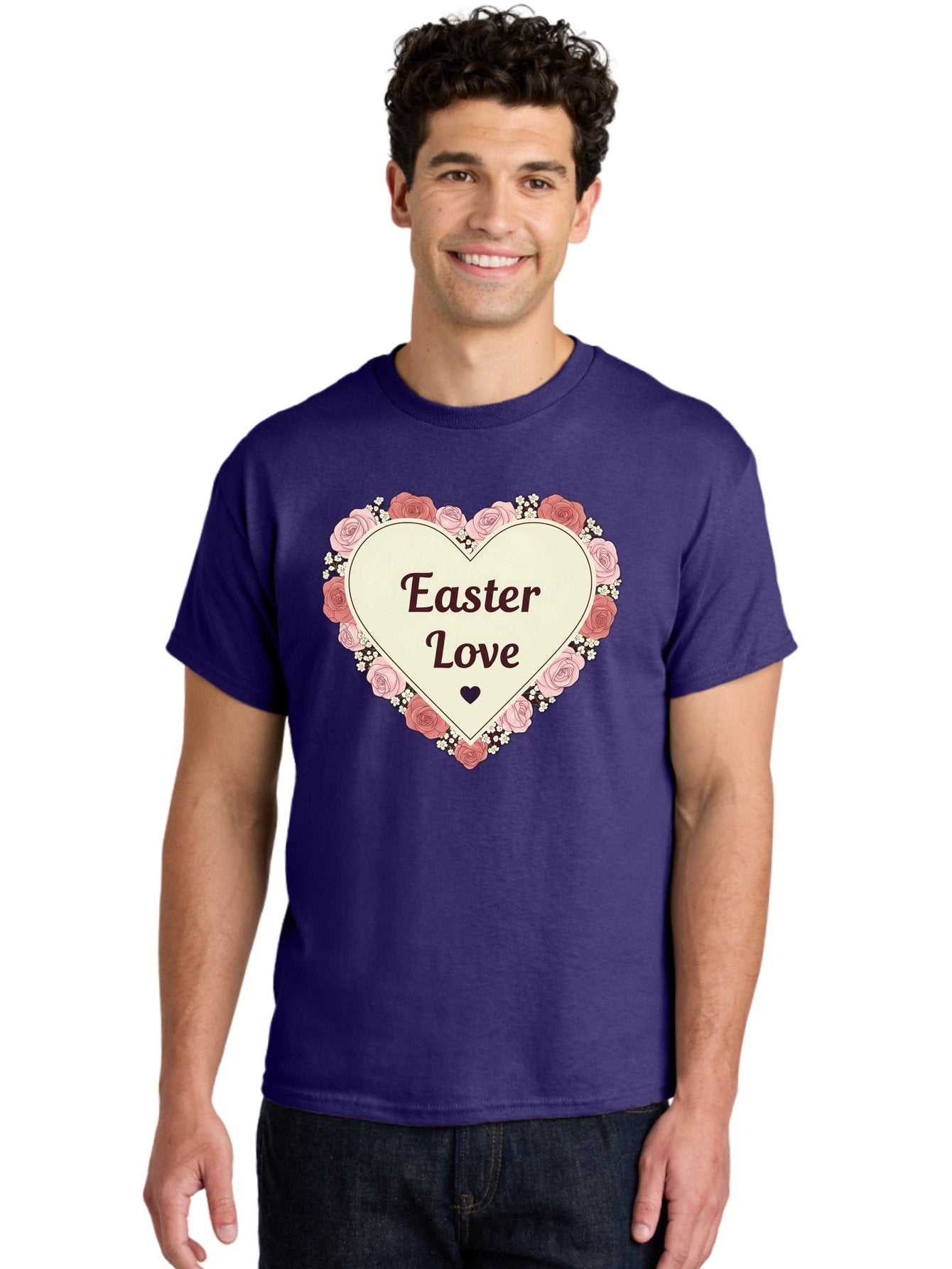 Easter-Love Men'S Graphic Tee, 100% Cotton, Comfortable Casual Summer Wear, Machine Washable, Easter Love, Heart-Shaped Frame, Pink Roses, Floral Wreath, Love Message, Small Green Heart, Easter Theme, Romantic Easter, Spring Flowers, Baa631 27