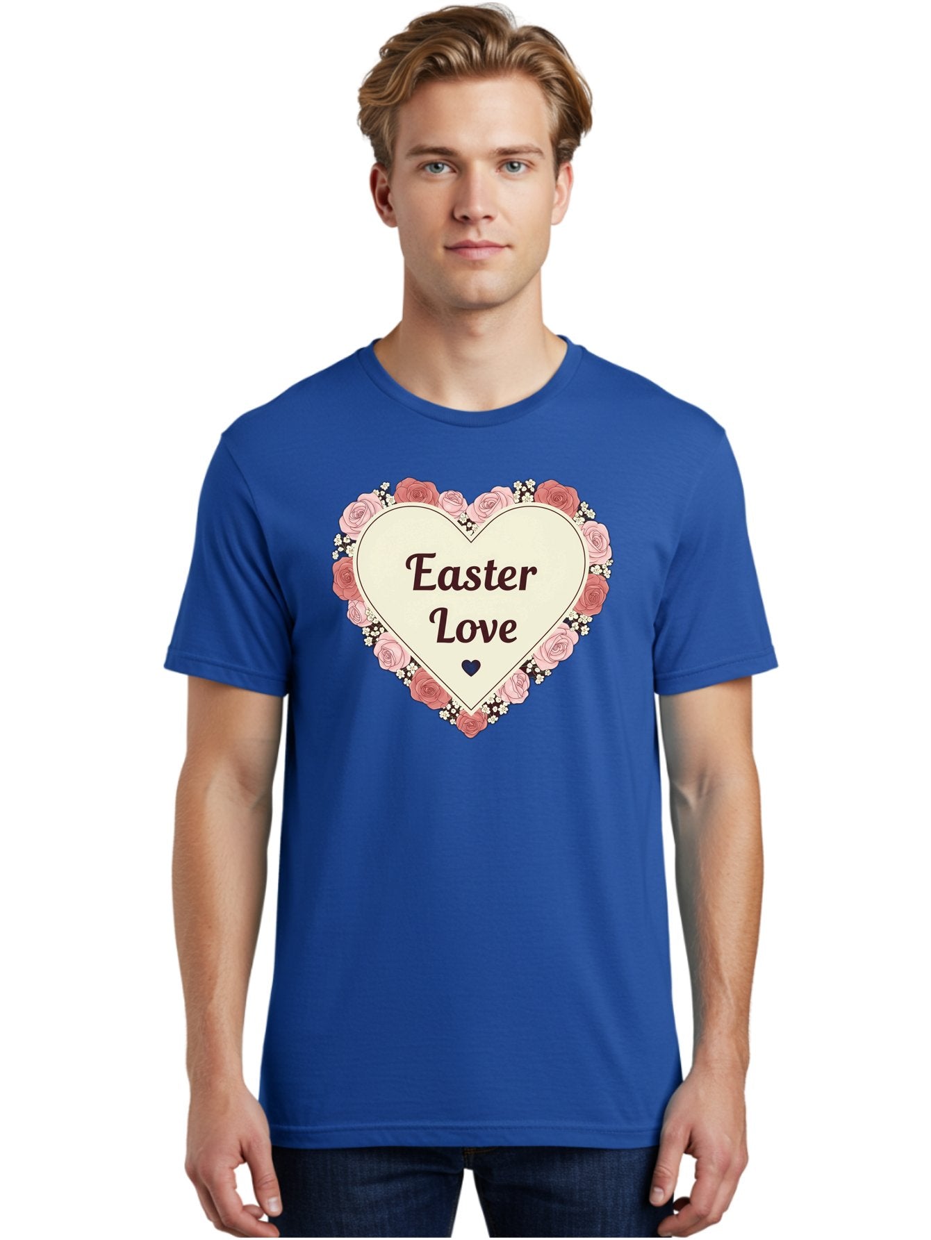 Easter-Love Men'S Graphic Tee, 100% Cotton, Comfortable Casual Summer Wear, Machine Washable, Easter Love, Heart-Shaped Frame, Pink Roses, Floral Wreath, Love Message, Small Green Heart, Easter Theme, Romantic Easter, Spring Flowers, Baa631 20