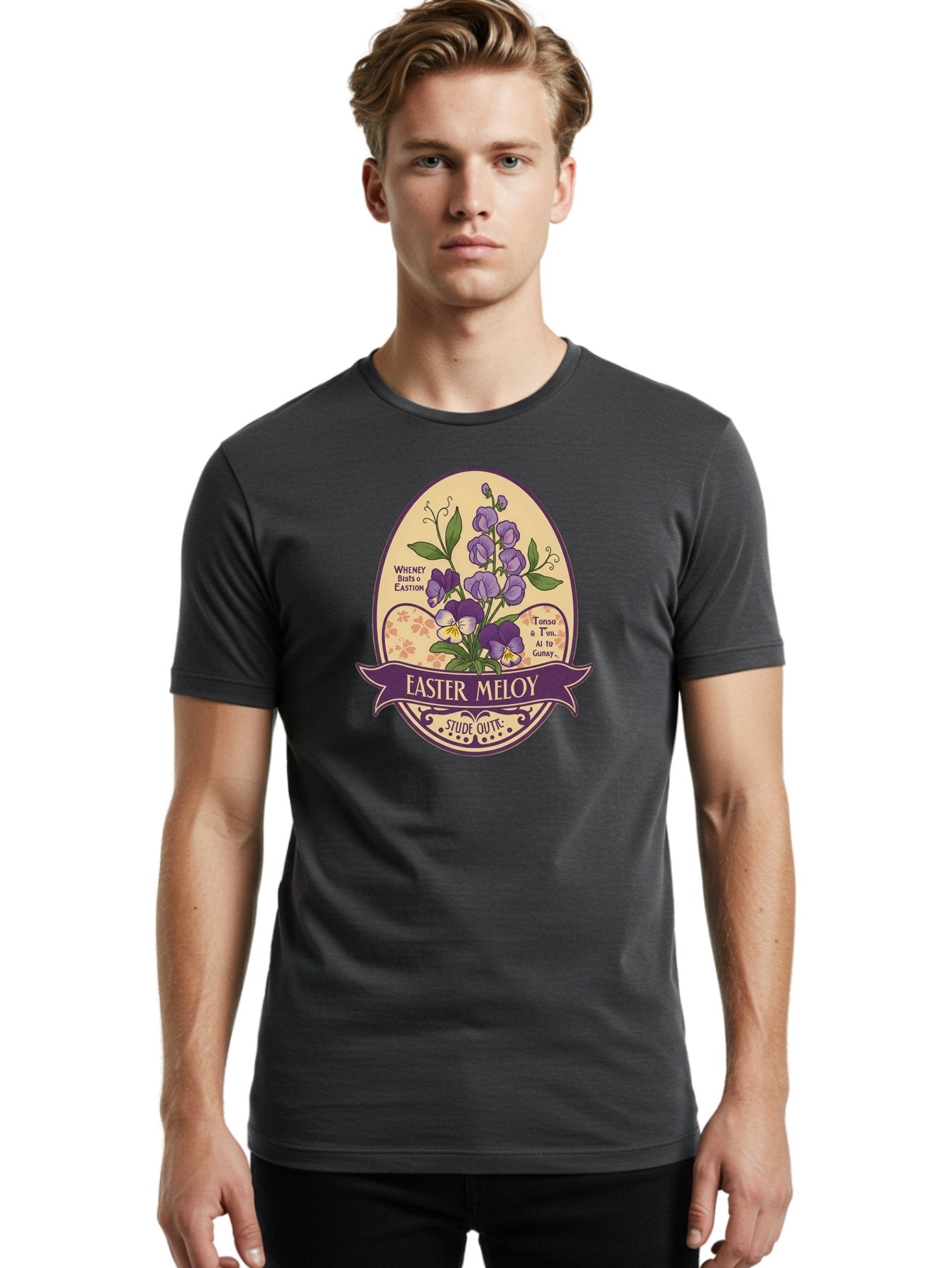 Easter-Meloy Men'S Graphic Tee, 100% Cotton, Comfortable Casual Summer Wear, Machine Washable, Purple Violets, Easter Flowers, Floral Illustration, Vintage Design, Easter Meloy, Poetic Verse, Blooming Flowers, Floral Arrangement, Baa632 22