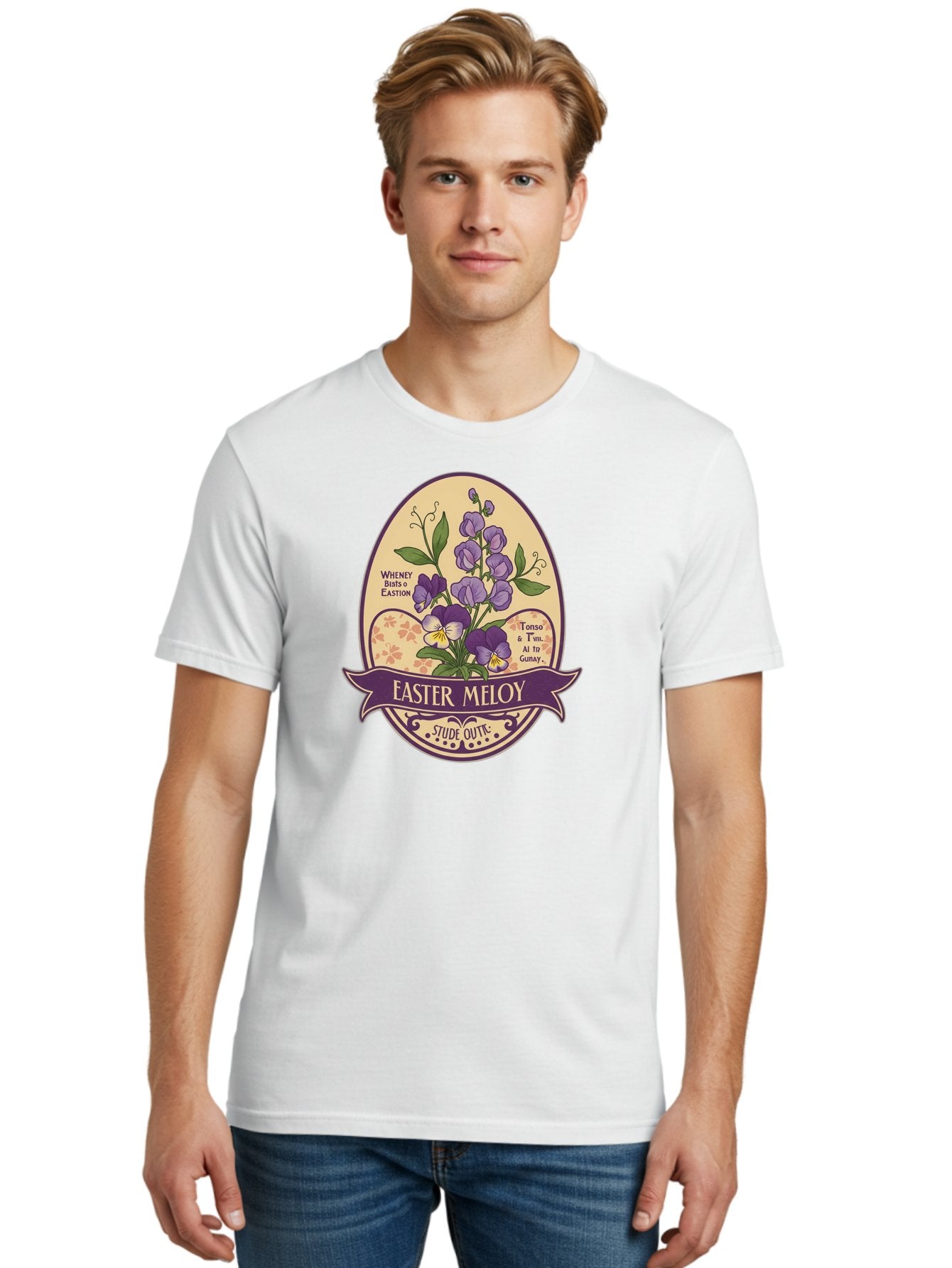 Easter-Meloy Men'S Graphic Tee, 100% Cotton, Comfortable Casual Summer Wear, Machine Washable, Purple Violets, Easter Flowers, Floral Illustration, Vintage Design, Easter Meloy, Poetic Verse, Blooming Flowers, Floral Arrangement, Baa632 21