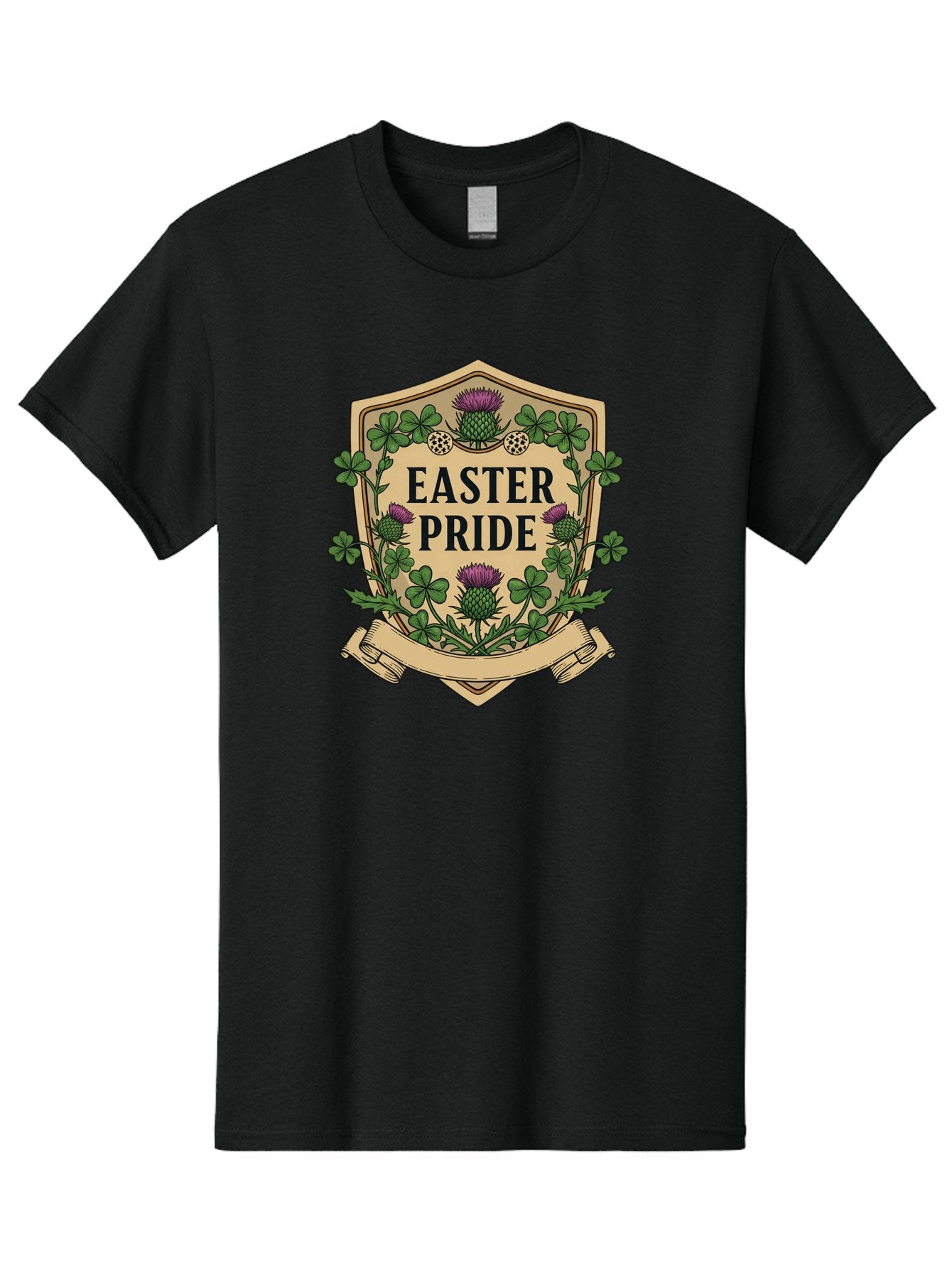 Easter-Pride Men'S Graphic Tee, 100% Cotton, Comfortable Casual Summer Wear, Machine Washable, Shamrocks, Purple Thistles, Easter Flowers, Floral Wreath, Vintage Badge, Easter Theme, Celtic Symbols, Festive Design, Spring Flowers Baa633 9