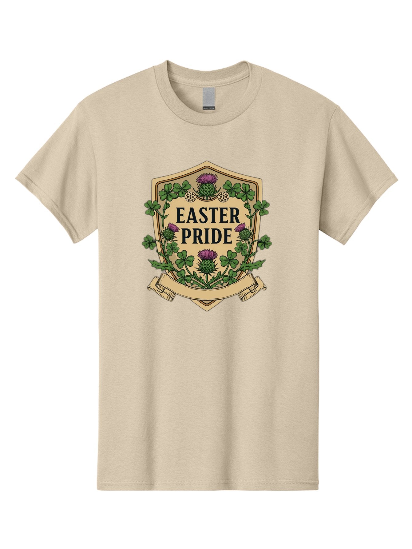 Easter-Pride Men'S Graphic Tee, 100% Cotton, Comfortable Casual Summer Wear, Machine Washable, Shamrocks, Purple Thistles, Easter Flowers, Floral Wreath, Vintage Badge, Easter Theme, Celtic Symbols, Festive Design, Spring Flowers Baa633 7