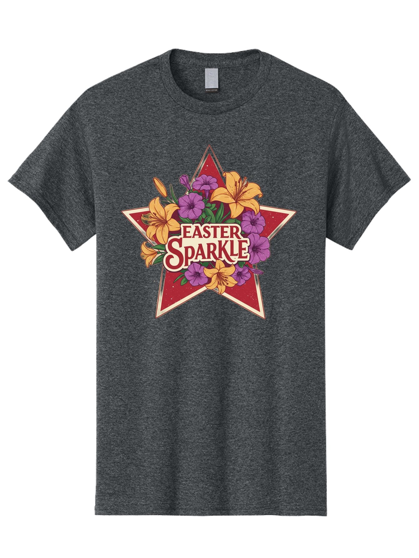 Easter-Sparkle Men'S Graphic Tee, 100% Cotton, Comfortable Casual Summer Wear, Machine Washable, Easter Sparkle, Yellow Lilies, Purple Flowers, Floral Arrangement, Red Star, Festive Design, Spring Celebration, Easter Decorations, Baa634 8