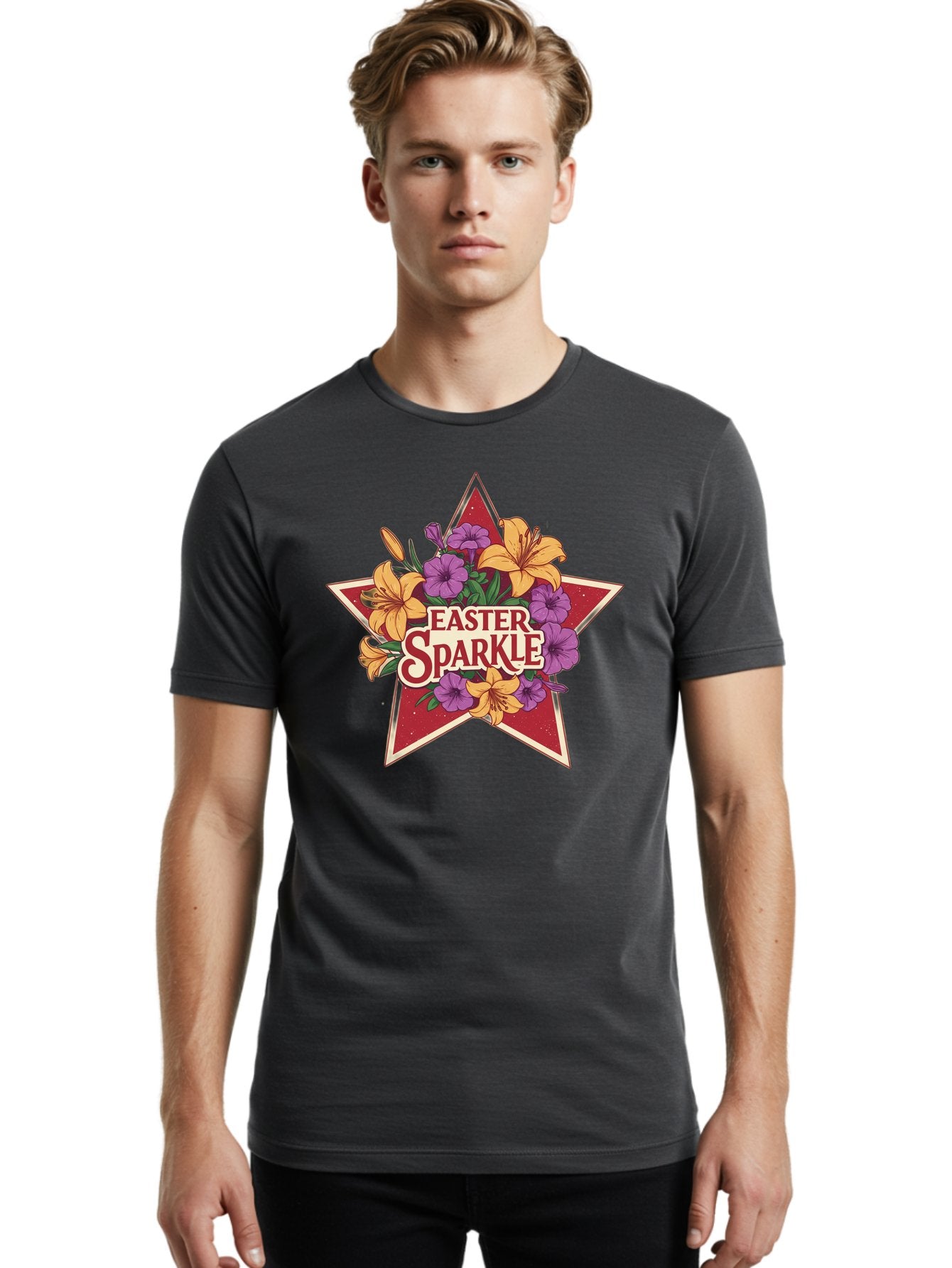 Easter-Sparkle Men'S Graphic Tee, 100% Cotton, Comfortable Casual Summer Wear, Machine Washable, Easter Sparkle, Yellow Lilies, Purple Flowers, Floral Arrangement, Red Star, Festive Design, Spring Celebration, Easter Decorations, Baa634 25