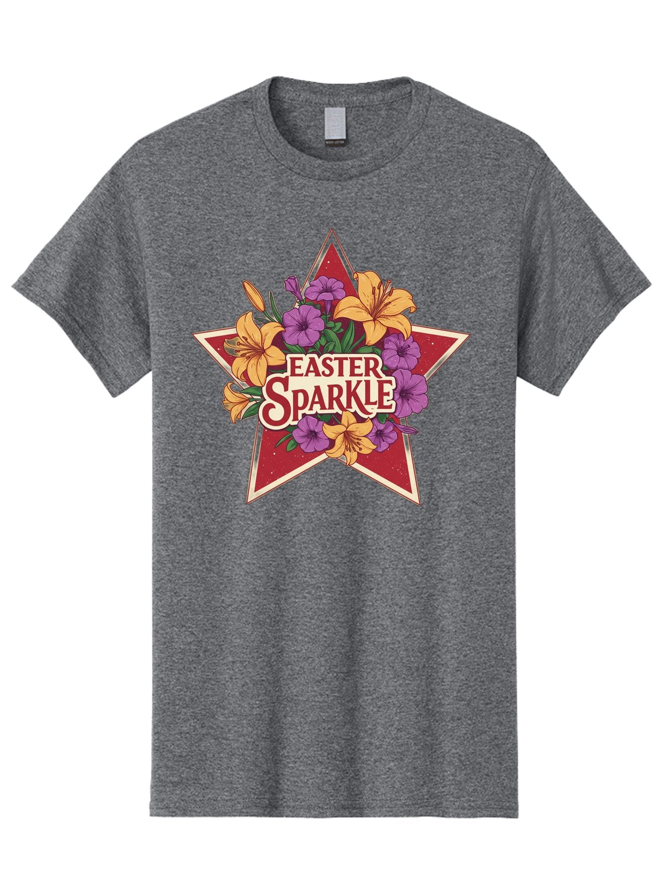 Easter-Sparkle Men'S Graphic Tee, 100% Cotton, Comfortable Casual Summer Wear, Machine Washable, Easter Sparkle, Yellow Lilies, Purple Flowers, Floral Arrangement, Red Star, Festive Design, Spring Celebration, Easter Decorations, Baa634 9